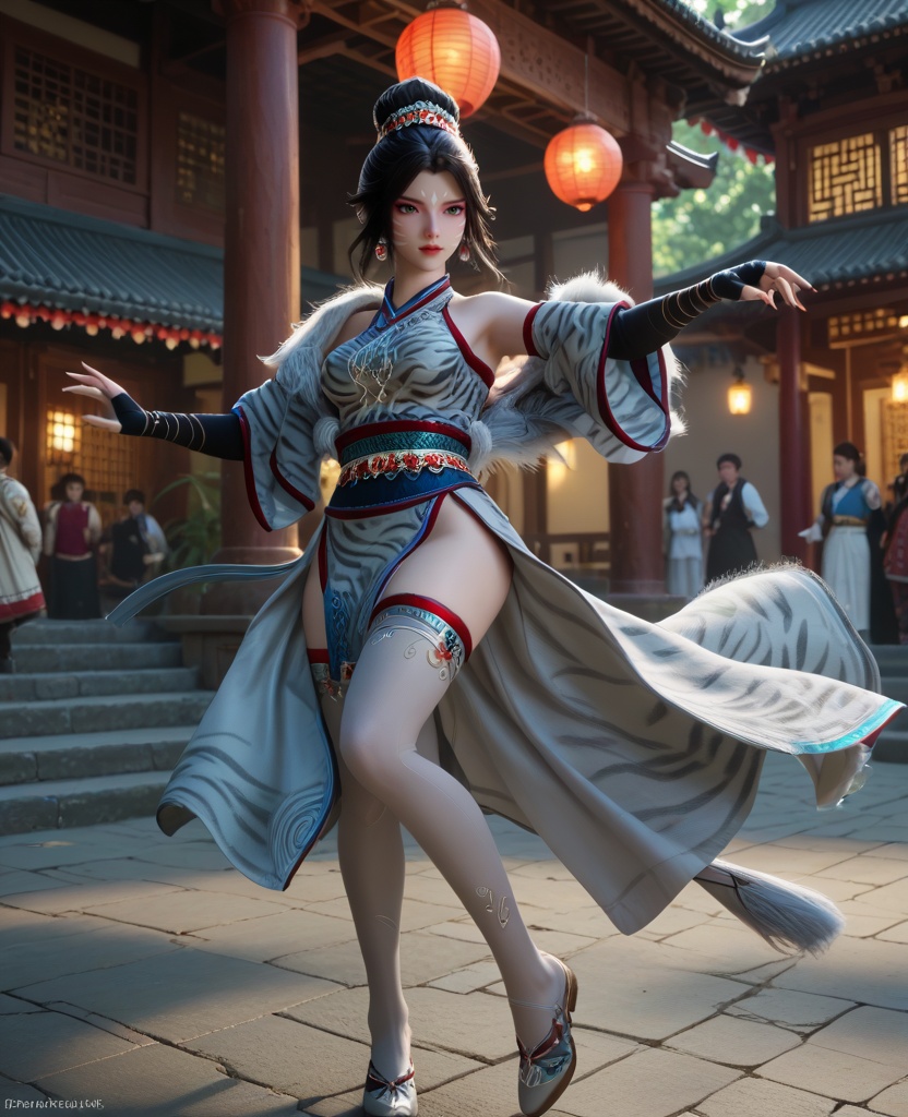 (oriental architecture, elegant decor, sophisticated style:1.1),(Poised on tiptoe, one arm arched gracefully above, she epitomizes elegance and discipline in dance:1.1),(breasts:1.2),<lora:XL16牧神记白虎堂:0.95>,1girl,white fur coat with leopard print,(facepaint:1.2),green eyes,black hair,single hair bun,black gloves,sharp fingernails,sash,(thighhighs:1.2),earrings,, score_9,score_8_up,score_7_up,score_6_up,score_5_up,score_4_up,3d rendering,tag1,tag2, Cinematic Lighting,backlighting,