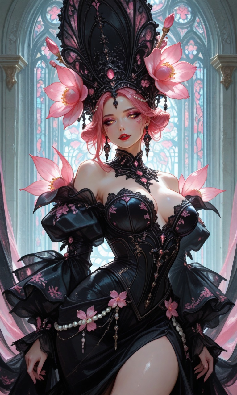 Woman,  elaborate headdress,  pink flowers on Tensor.Art