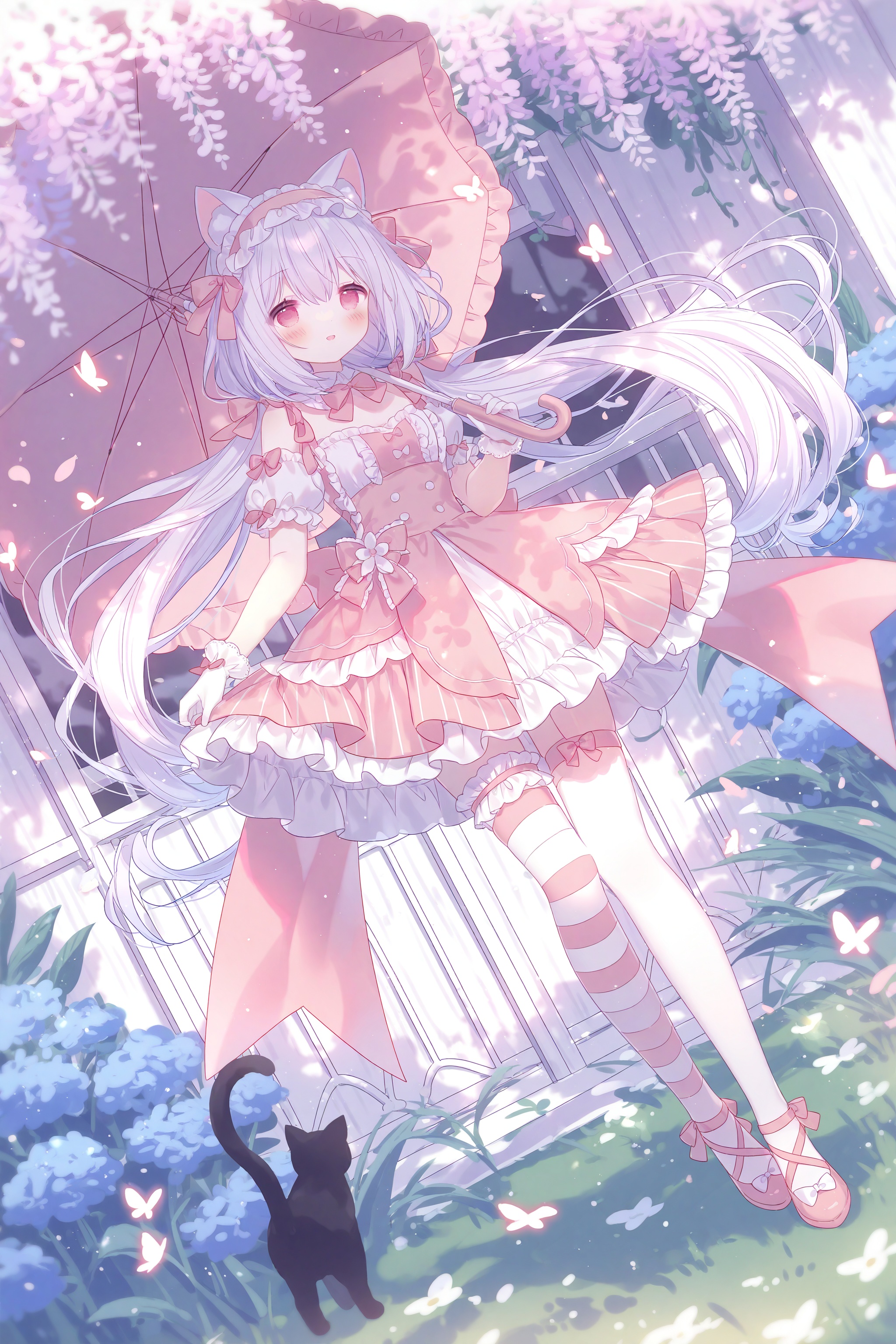 1girl,umbrella,cat,long hair,wisteria,solo,holding umbrella,dress,white hair,flower,holding,pink umbrella,very long hair,pink dress,frills,butterfly,looking at viewer,pink footwear,thighhighs,white cat,plant,bubble,bow,bug,pink theme,ribbon,pink bow,pink eyes,wrist cuffs,red eyes,parasol,pink flower,dutch angle,white thighhighs,lolita fashion,full body,frilled dress,dress flower,hairband,asymmetrical legwear,standing,grass,garden,smile,bench,cat ears,pink ribbon,animal ears,black cat,hair ornament,single thighhigh,high heels,lolita hairband,bare shoulders,breasts,white butterfly,outdoors,frilled hairband,dress bow,cherry blossoms,hair between eyes,white flower,falling petals,detached sleeves,shoes,detached collar,gloves,window,pastel colors,mismatched legwear,blush,leg ribbon,multicolored dress,white dress,twintails,tree,sweet lolita,pink hair,petals,hair flower,hydrangea,hair bow,layered dress,blurry,skirt,pantyhose,legwear garter,sleeveless,short sleeves,purple flower,floating hair,fence,closed mouth,white gloves,pink headwear,bush,hanging plant,pink hairband,bridal garter,low twintails,blurry foreground,open mouth,multicolored clothes,<lora:lp22New-000055:0.9>,