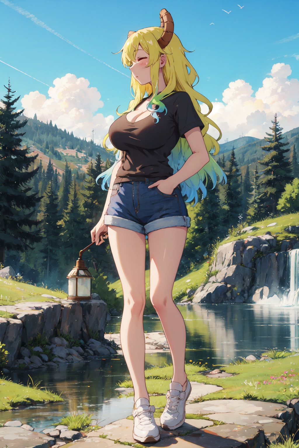 <lora:Quetzalcoatl-000019:0.8>,Lcoa CYQL,1girl,looking at viewer,solo,dragon girl,long hair,blonde hair,green hair,multicolored hair,gradient hair,dragon horns,closed eyes,breasts,large breasts,cleavage,full body,Striped t-shirt, denim shorts, and white sneakers,seductive_smile,profile,Rising steam from mountain hot springs twists and curls in the chilly air, carrying the scent of minerals,(Meadow flowers, Butterflies, Wildflower carpet, Springtime blooms, English landscape, Meadow breeze:0.5),beautiful detailed sky,beautiful detailed glow,posing in front of a colorful and dynamic background,masterpiece,best quality,beautiful and aesthetic,contrapposto,female focus,wallpaper,