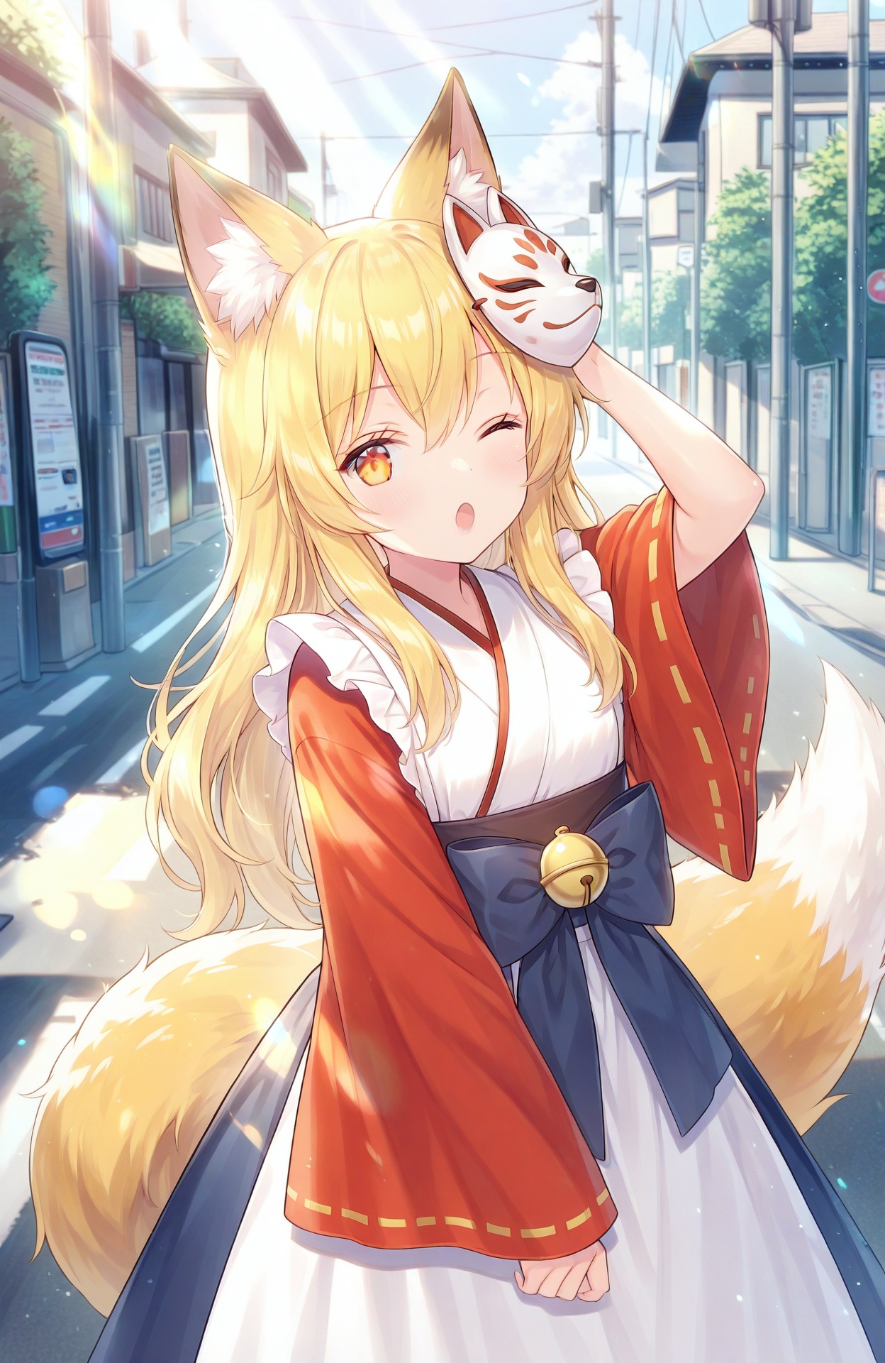 <lora:winefox_1:1>,winefox,masterpiece,best_quality,1girl,look at viewer,upper_body,:o,one arm up,one eye closed,sunlight,outside,street,wide sleeves,