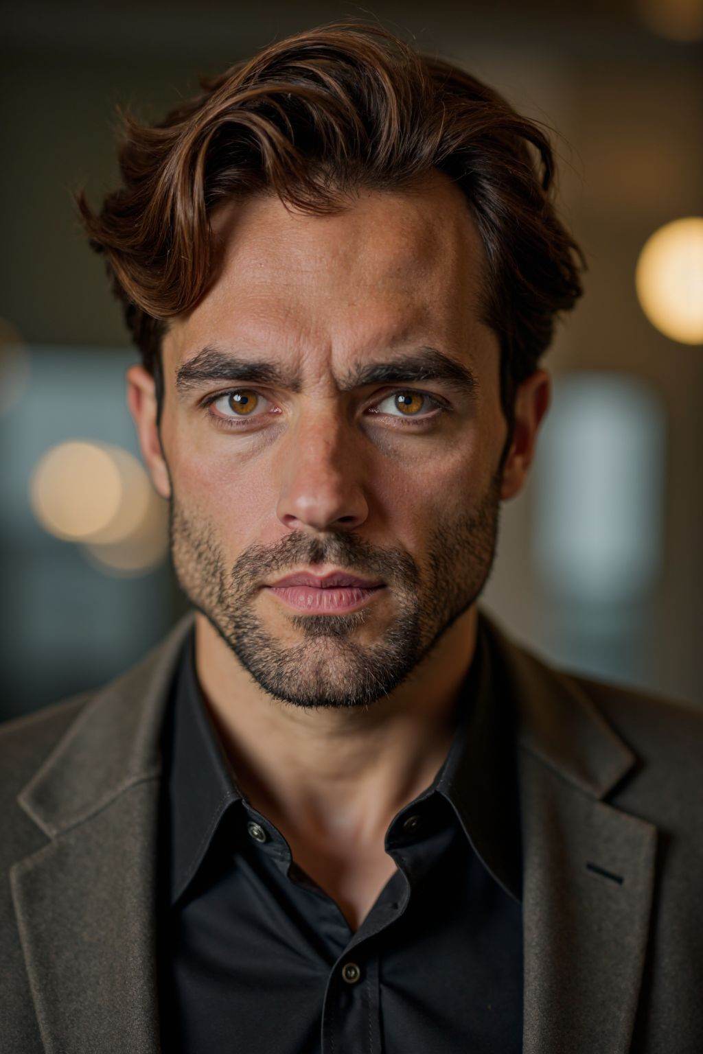 HDR photo of cinematic film still  man, solo, looking at viewer, brown hair, shirt, brown eyes, jacket, male focus, collared shirt, lips, black shirt, facial hair, formal, suit, portrait, realistic, stubble, man,