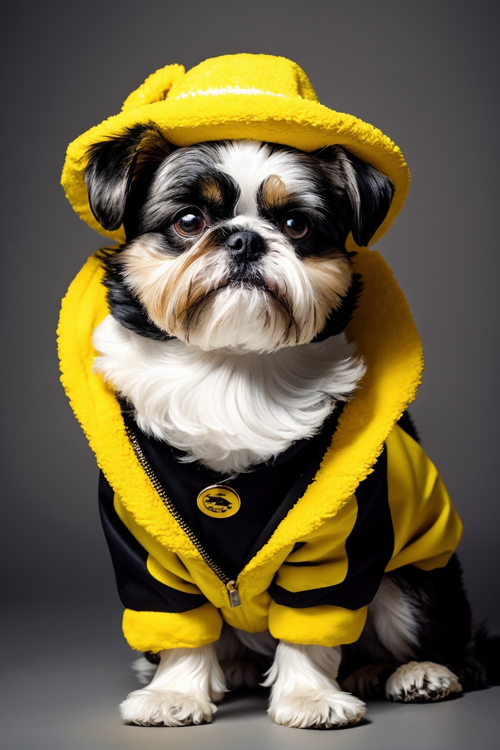 Animal Photography, a dog, possibly a shih tzu, adorned in a striking attire. the dog wears a yellow hat and a striped yellow and black jacket. the background is dark, highlighting the subject and creating a moody ambiance. the dog's fur appears soft, with a mix of light brown and white hues. the dog's eyes are large and expressive, capturing the viewer's attention, masterpiece,best quality,