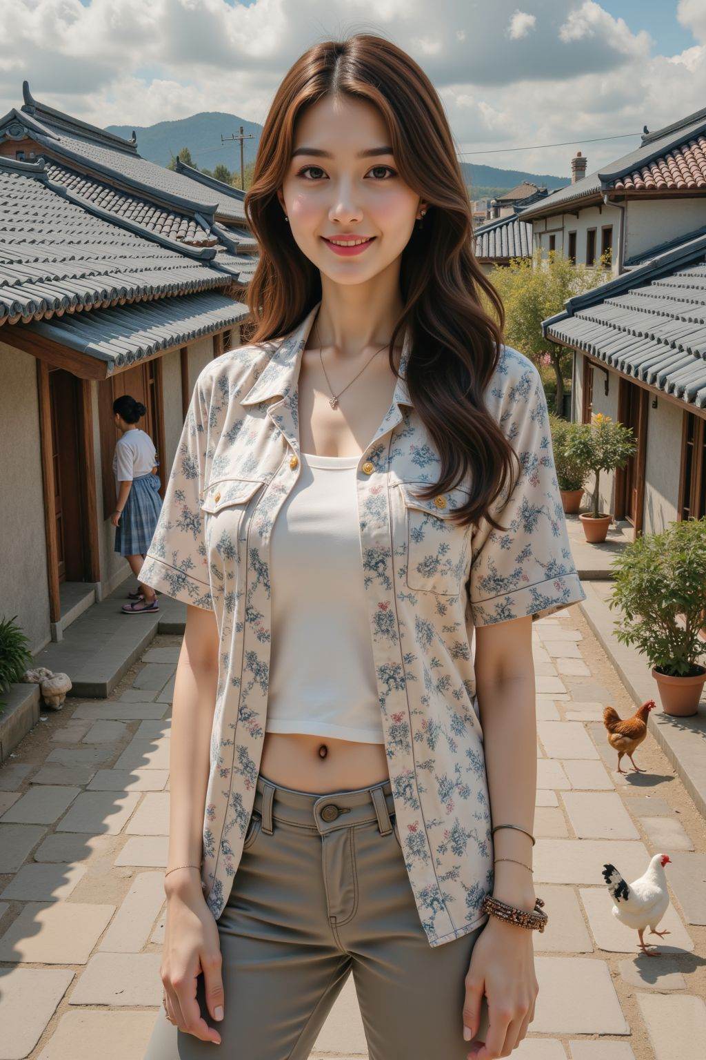 1 woman, an inner shirt with a patterned short - sleeved shirt over it, wearing casual pants that show off her figure. The overall look is fashionable and harmonious. There are bracelets on her wrists and a thin necklace around her neck. In the background is a simple rural courtyard with low gray walls. Houses with blue - tiled roofs are scattered in an orderly manner. The traditional red tiles on the roofs show signs of wear. The wooden doors and windows look a bit shabby. There are people, fruit trees, and poultry around. The woman has a natural expression, a warm smile, and gentle eyes facing the camera. Rich facial details, delicate clothing texture, detailed rural courtyard scene, high resolution, clear focus, digital painting, concept art, by greg rutkowski, artgerm, alphonse mucha, best quality,masterpiece