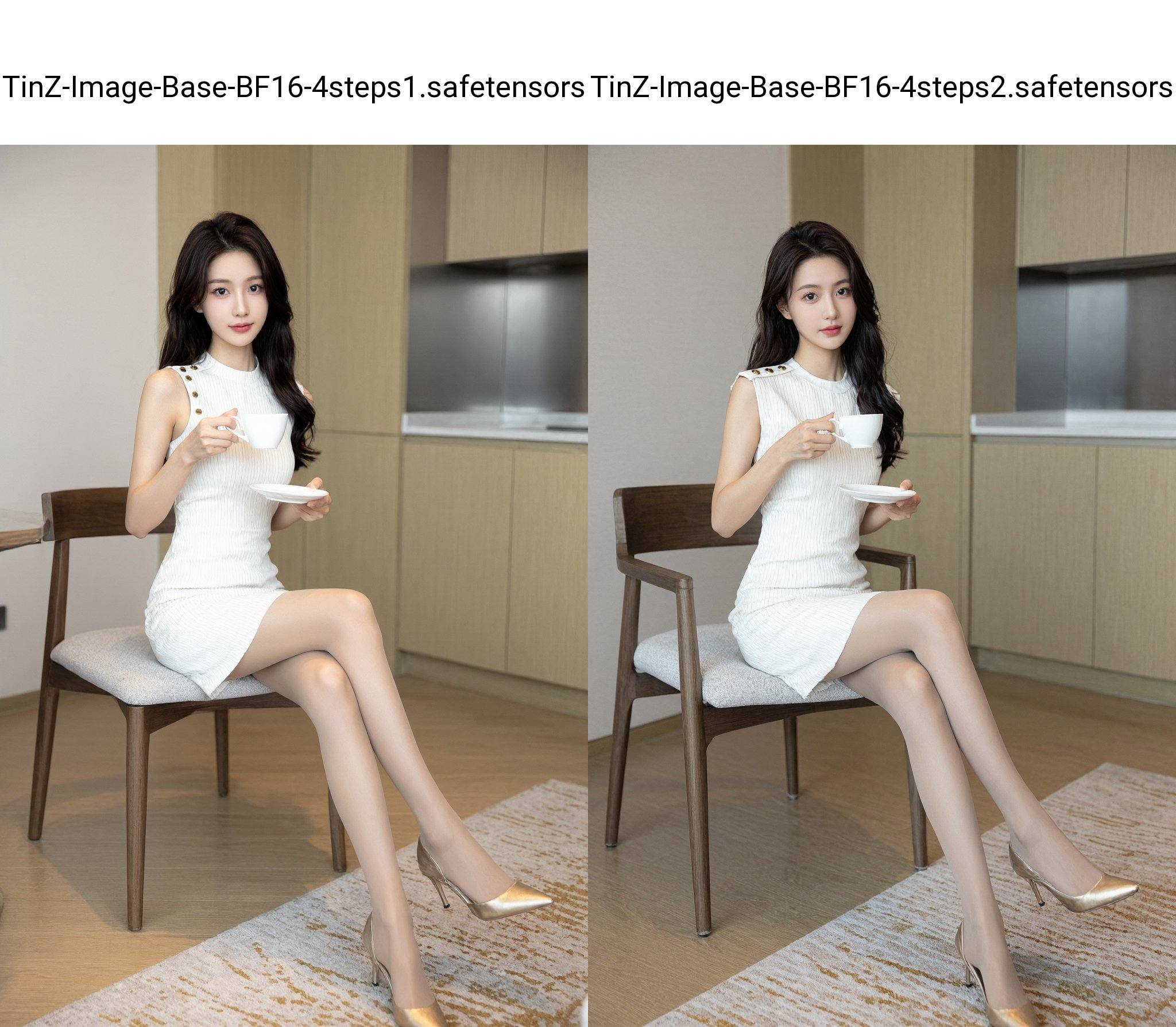 This is a high-resolution photograph of an Asian woman with fair skin and long, wavy, dark brown hair. She is seated on a wooden chair with a light grey cushioned seat, positioned in a modern, well-lit room with a minimalist decor. The woman is dressed in a sleeveless, white, form-fitting dress with vertical stripes and gold buttons on the shoulders, giving a chic and elegant appearance. She is wearing sheer, beige pantyhose and gold high heels, which add a touch of sophistication to her outfit. Her makeup is subtle yet polished, featuring a soft pink lipstick and light eye makeup.She is holding a white teacup and saucer in her right hand, which she is extending slightly towards the camera, creating a sense of elegance and refinement. The background includes a wooden cabinet with light beige doors, and a portion of a kitchen counter with a stainless steel backsplash. The flooring is light wood, and a beige rug with a subtle brown pattern is visible beneath her feet. The overall ambiance of the image is calm and sophisticated, with a focus on modern design and the subject's poised demeanor.