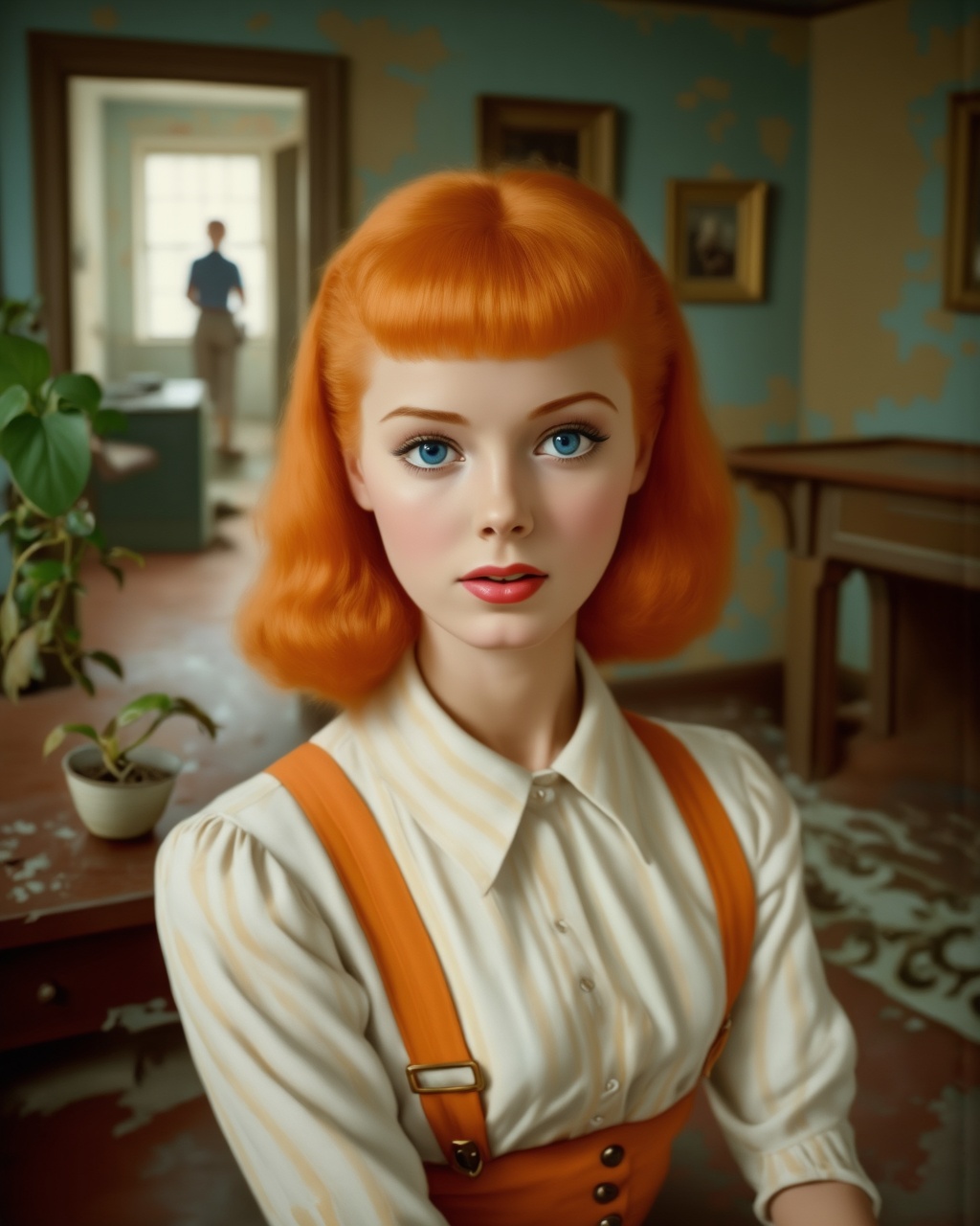 A portrait of a young woman with vibrant orange hair and striking blue eyes. She wears a white blouse with a striped patte...