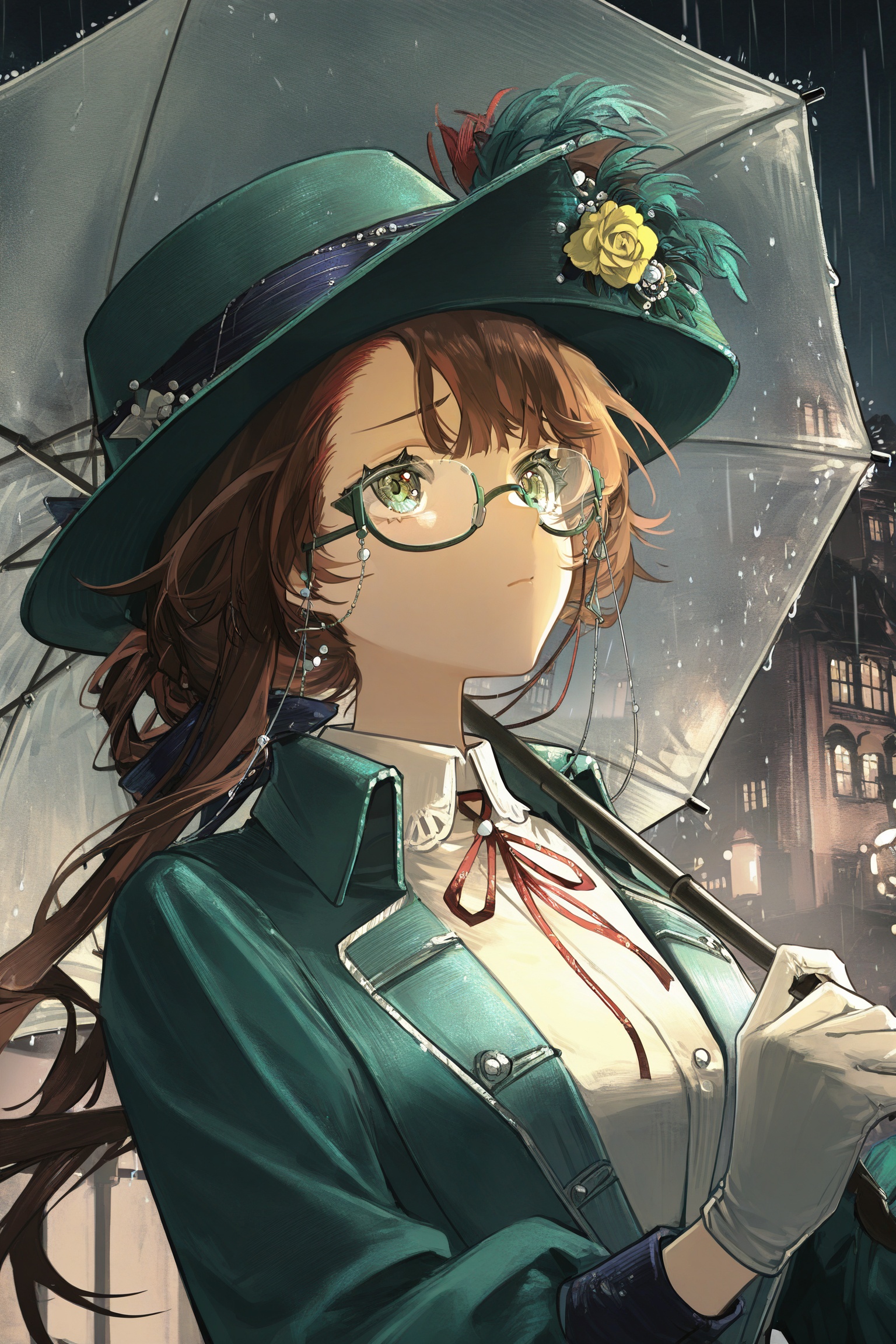 kakania \(reverse:1999\),1girl,artist name,blue sky,brown hair,building,closed mouth,collared shirt,dated,equilibrium umbrella,eyewear strap,feathers,flower,furrowed brow,glasses,gloves,green eyes,green feathers,green hat,green jacket,hand up,hat,hat feather,hat flower,holding,holding umbrella,jacket,long hair,looking up,neck ribbon,night,night sky,picture hat,rain,red ribbon,ribbon,round eyewear,semi-rimless eyewear,shirt,sky,solo,umbrella,under-rim eyewear,upper body,white gloves,white shirt,yellow flower,<lora:光辉重返未来0.3版本XL-000004:1>,cfwl/zyhf,