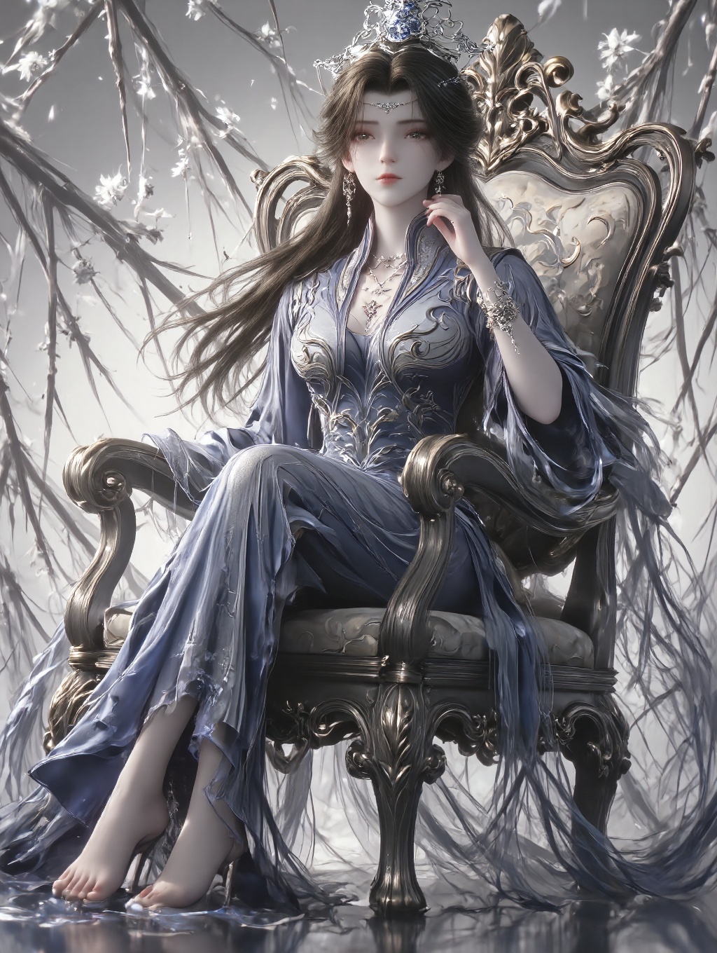 This is a highly detailed CGI image of a beautiful Asian woman with fair skin and long,dark hair,adorned in an ornate,silver and blue traditional Chinese qipao dress with intricate patterns. She wears a matching headdress and delicate jewelry,Her bare fair feet gently touched the water surface,She sits in a large,ornate chair with her legs crossed and her left leg resting over her right knee. Her left arm is bent,with her hand resting against her cheek,while her right arm rests on the armrest of the chair. Her posture is relaxed yet confident,exuding an air of authority. The scene is enhanced by dramatic lighting that creates a soft golden glow on her skin and highlights the textures of the chair. Shadows are cast strategically to add depth and contrast,enhancing the luxurious and regal atmosphere of the setting. The background is a soft,ethereal blend of white and gray,with delicate branches and flowers. The style is realistic with a touch of fantasy.,