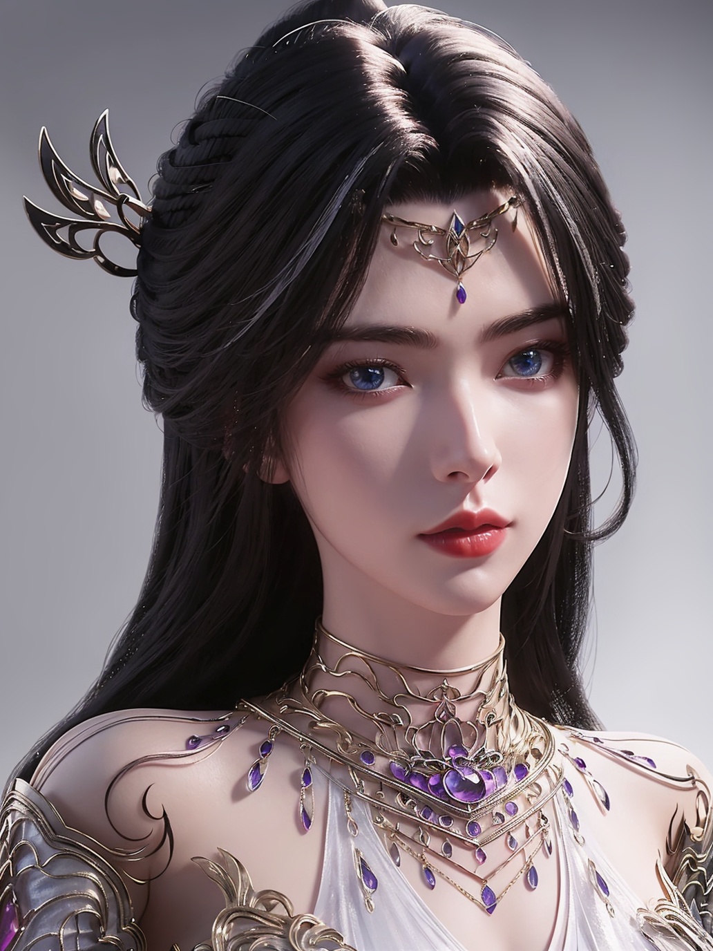 <lora:monvsd1.5:0.9>,monv,portrait,(looking at viewer),1girl,solo,jewelry,forehead jewelry,hair ornament,necklace,clothing cutout,detached sleeves,detached collar,collared dress,grey background,