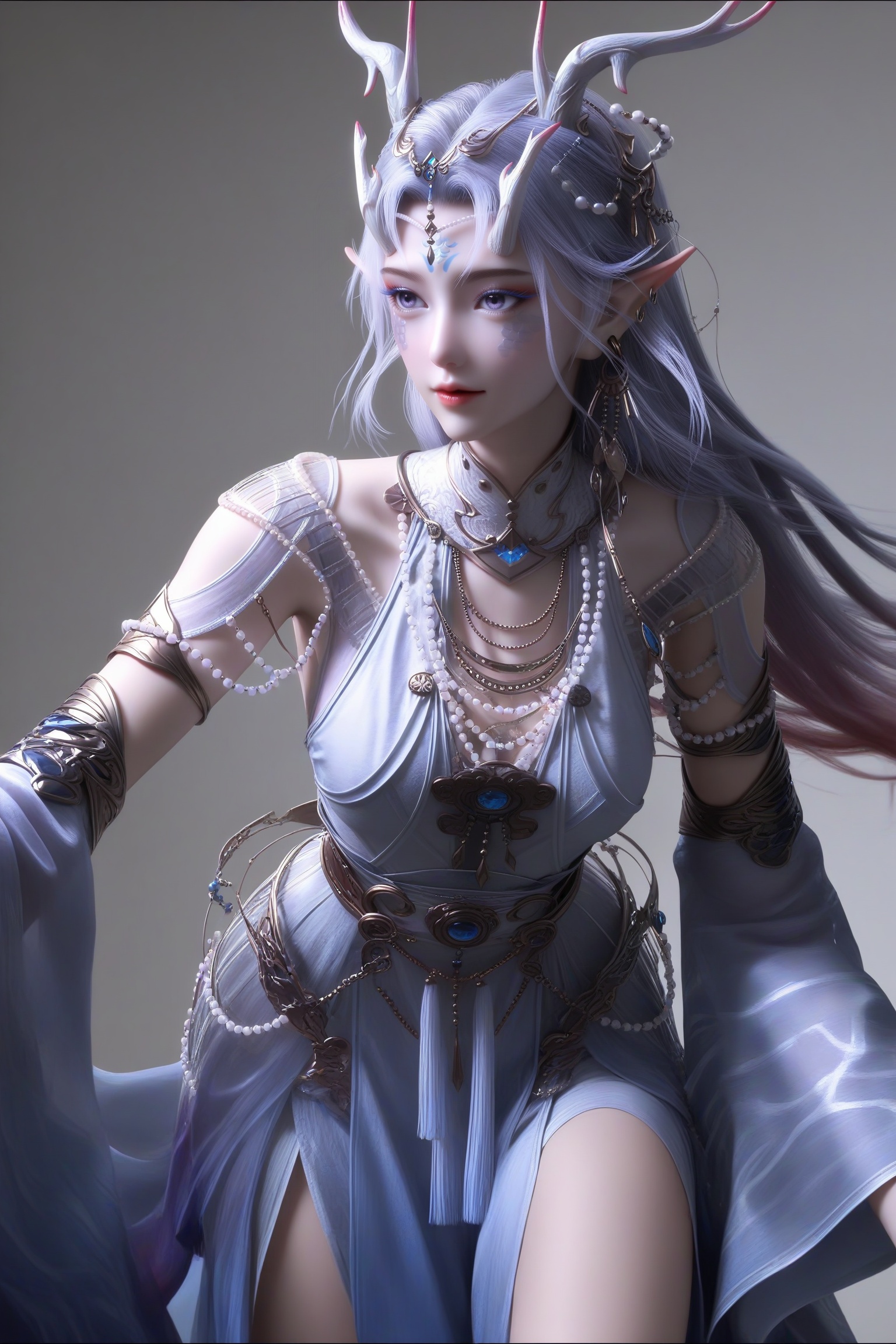 masterpiece,best quality,absurdres,highres,mature female,solo,<lora:念云-ill:0.85>,nianyun,long hair,silver hair,dragon horns,hair ornament,elf ears,dangling earrings,facial mark,forehead mark,ear piercing,eyeshadow,gradient hair,(blue yes),(purple_pupils),light blush,BREAKglamor,(slender:1.1),collarbone,(narrow waist),pose,curvy,(cheering:1.1),blue gemstone,white pearls,high collar,layered necklace,fantasy dress,pearl necklace,collar gem,chest jewel,waist gem,waist belt,detached sleeves,light blue dress,bare legs,long skirt,BREAK(white_skin:1.1),(fair_skin:1.1),simple background,white background,(new year:1.1),Volumetric Lighting,Cinematic Lighting,lens flare,Tyndall effect,