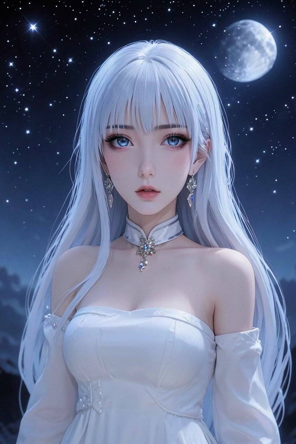 <lora:20260210_TinFlux2KleinAnimeLora2:1>, long hair, starry sky, earrings, dress, moon, star (sky), bangs, sky, white dress, bare shoulders, night, jewelry, starry night, 1girl, original character, starry eyes, white hair, full moon, parted bangs, sfw, solo, lips, bare arms, blue eyes, looking at viewer, white choker, night sky, choker, breasts, long sleeves, parted lips, upper body, star, moonlight, small breasts, night sky, night sky background, strapless, strapless dress