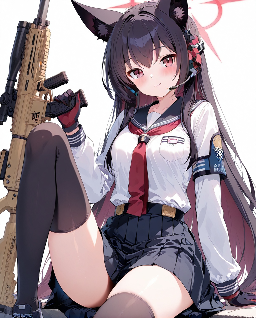 Shichido Yukino(blue archive),1girl,solo,skirt,gloves,animal ears,red eyes,long hair,thighhighs,halo,smile,looking at viewer,school uniform,black thighhighs,white background,long sleeves,black hair,serafuku,simple background,sailor collar,sitting,black skirt,very long hair,shirt,pleated skirt,two-tone gloves,white shirt,closed mouth,animal ear fluff,necktie,bangs,headset,hand up,hair between eyes,red necktie,red gloves,neckerchief,thighs,black sailor collar,hair intakes,miniskirt,red neckerchief,breasts,pocket,blush,arm support,holding,