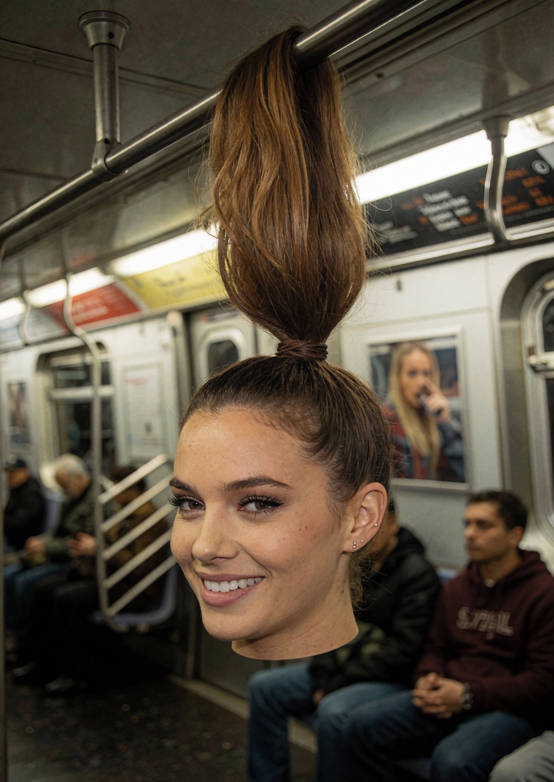 photograph of a woman's disembodied head with long hair in a high ponytail. she is in midair hanging by her hair with her...