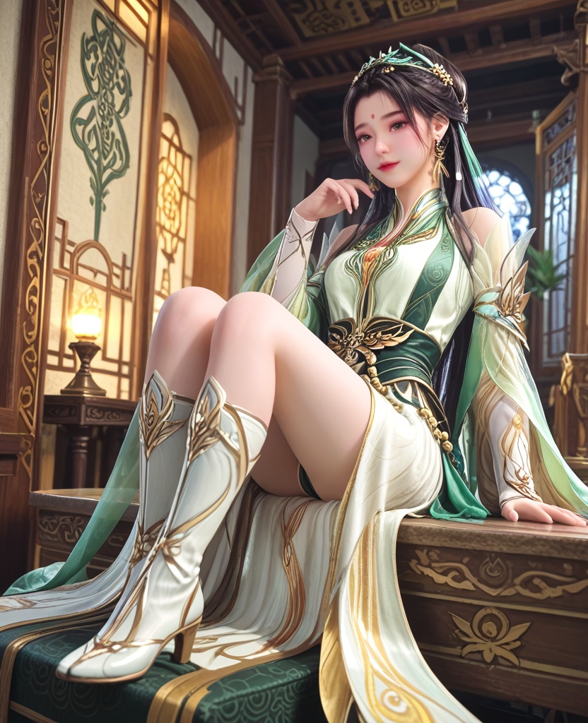 (oriental architecture, elegant decor, sophisticated style:1.1),(knees apart feet together:1.1),(breasts:1.2),<lora:XL师兄啊龙吉公主:0.95>,princess longji,dress,forehead mark,black hair,hair bun,hair ornament,long hair,earrings,jewelry,black sash,see-through sleeves,detached sleeves,tassel,, score_9,score_8_up,score_7_up,score_6_up,score_5_up,score_4_up,3d rendering,tag1,tag2, Cinematic Lighting,backlighting,