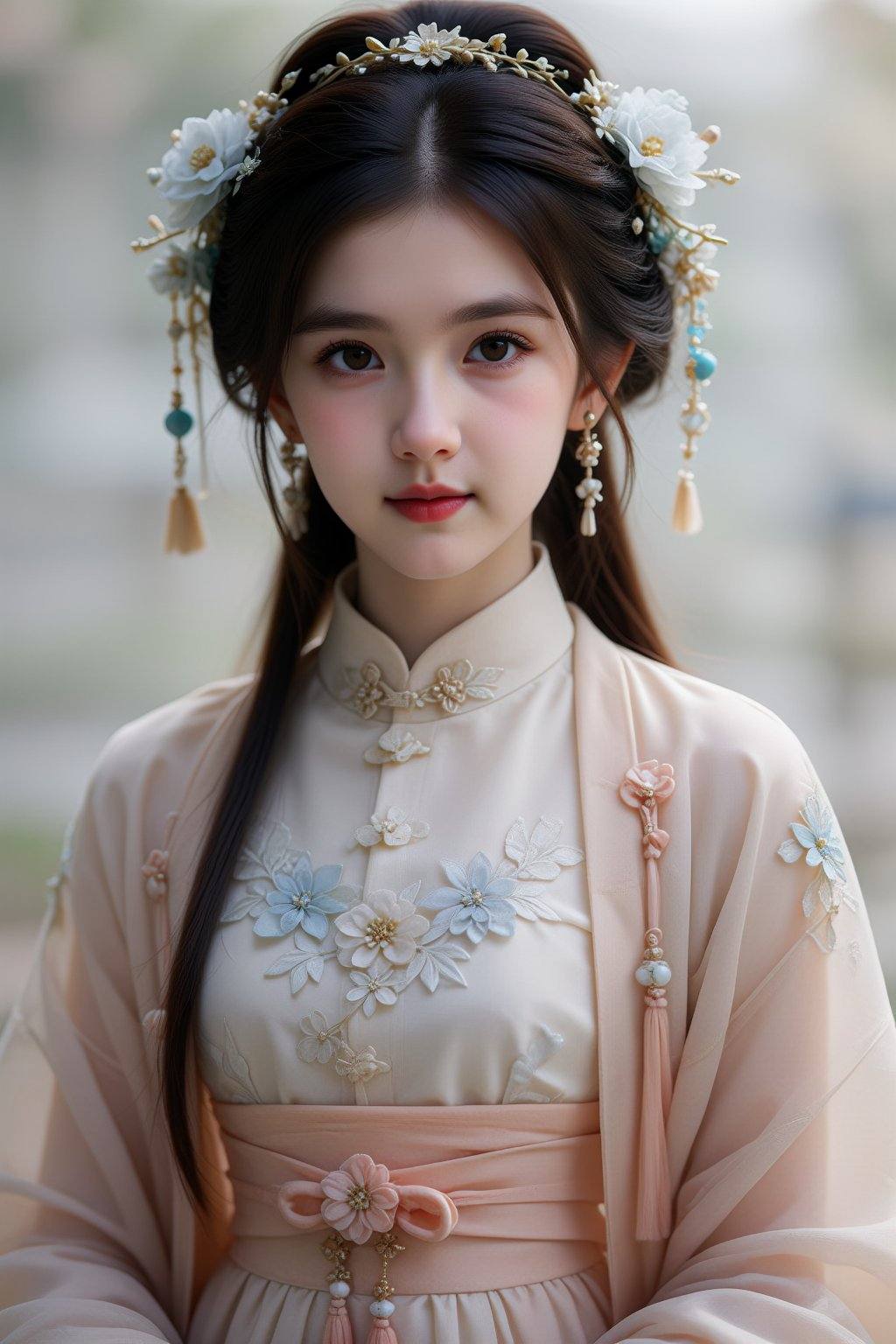 This is a beautifully detailed portrait of a young woman in traditional Chinese attire.**Subject and Appearance:**The cent...