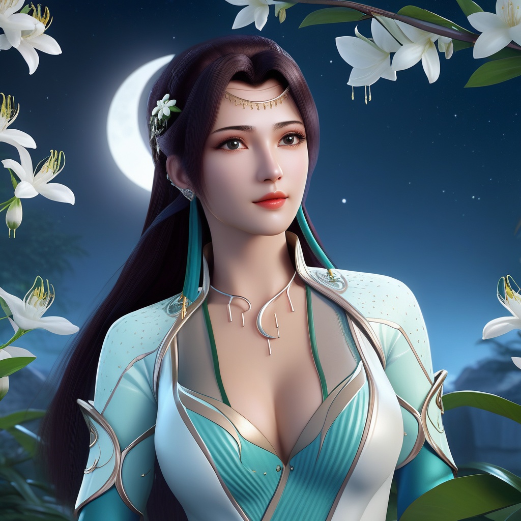 <lora:786-DA-XL-斗破苍穹-云韵-绿服:0.8>, (,1girl, ,best quality, ),looking at viewer,  ,,ultra realistic 8k cg, ,masterpiece, (( , )),, realistic,science fiction,mole, ,     ,crescent moon, jasmine \(flower\),     (cleavage),,  (),