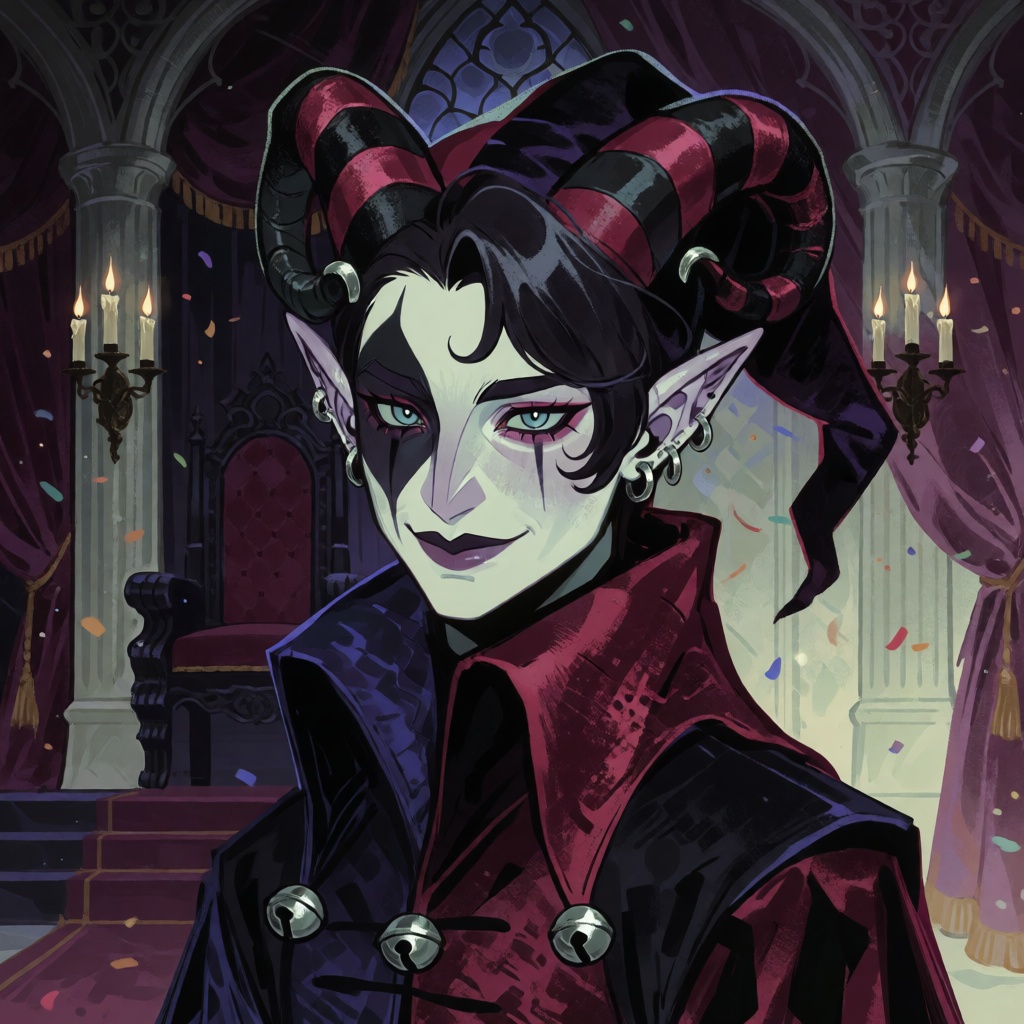 A gothic high-detail fantasy portrait of a young jester-like creature with small curved horns painted in alternating black...
