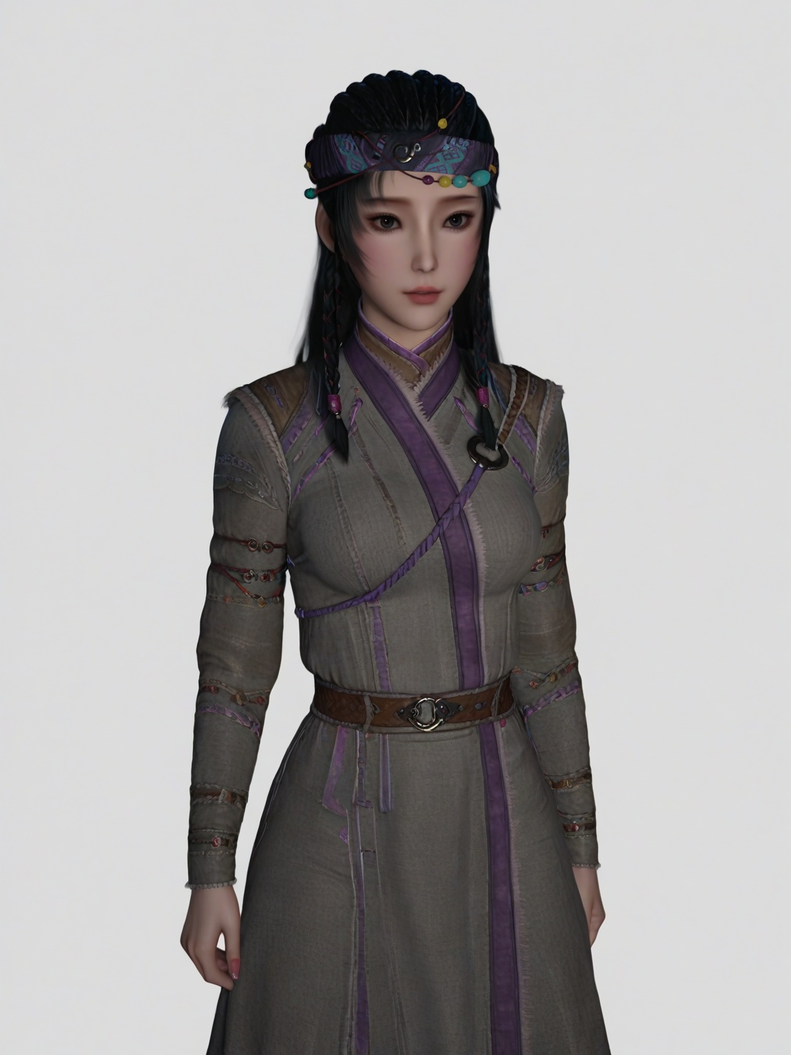 score_9,<lora:SF_JiangChen_ShaoNv_Pony_Realism2.3-000004:0.7>,1girl,solo,dress,black hair, large breasts,multiple braids,long sleeves,lipstick,headband,hair ornament,standing,looking at viewer,white background,