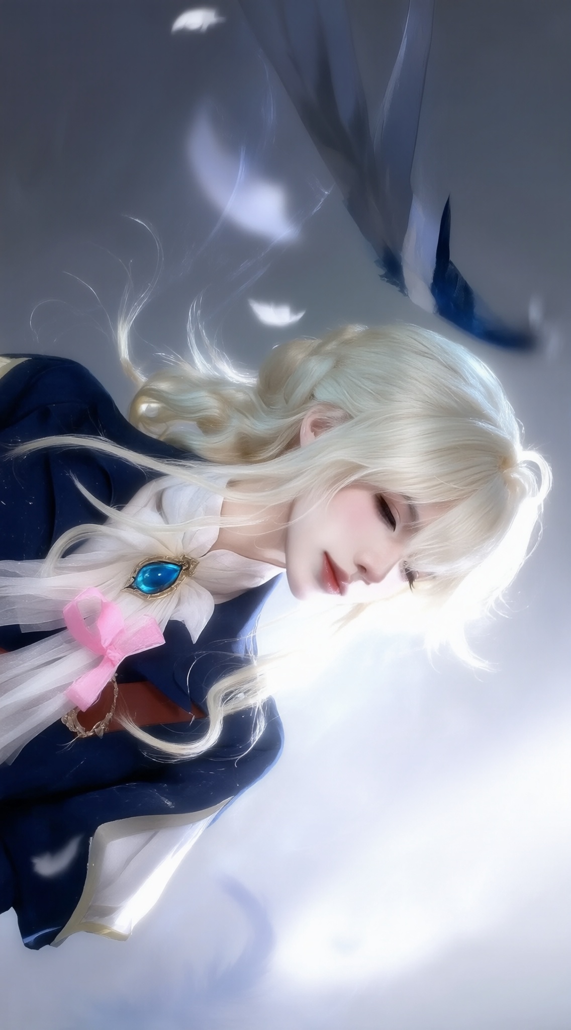 a digital illustration shoot from a profile camera angle about a portrait of a young woman with long,wavy,platinum blonde hair,wearing a dark blue outfit with a white shirt and a pink ribbon tied around her neck,the image also shows a soft,ethereal light illuminating her face and upper body,on the middle of the image,a 1girl,who appears to be nier:automata,is facing the viewer,with her eyes closed and a serene expression,she is wearing a blue jacket with a high collar and a blue necklace with a teardrop-shaped pendant,her hair is styled in a long,flowing manner,and her hair color is platinum blonde,the background is a gradient of light blue to white,with soft,diffused light that creates a dreamy atmosphere,on her head,a large,feathered hat with a feather-like design is visible,adding to the overall sense of mystery and elegance,the overall mood is soft and ethereal,with a focus on the characters delicate features and the soft,dreamy lighting that accentuates her features,, Negative prompt: ng_deepnegative_v1_75t,(badhandv4:1.2),EasyNegative,(worst quality:2),,nsfw, Steps: 30, Sampler: Euler, CFG scale: 4.0, Seed: 1045830091, Size: 1142x2048, Model hash: 9768b098f7, Model: ZOZ_千问大模型~超强泛化改良版_v1.0.safetensors, Denoising strength: 0, RNG: CPU, Lora 1: ZOZ_厚涂水彩~千问, Lora Hash 1: 68a42c4795, Lora Weight 1: 0.8, vae_name: automatic
