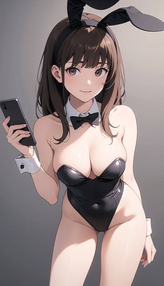(best quality), ((masterpiece)), (highres), illustration, original, extremely detailed,1girl, solo, brown hair, animal ears, breasts, wrist cuffs, brown eyes, rabbit ears, playboy bunny, cleavage, fake animal ears, leotard, smile, looking at viewer, bow, highleg, detached collar, bowtie, black bow, bangs, bare legs, highleg leotard, simple background, black bowtie, leaning forward, cowboy shot, covered navel, medium breasts, selfie, grey background, closed mouth, chromatic aberration, bare shoulders, long hair, black leotard, standing, hairband, groin, black hairband, blunt bangs, medium hair