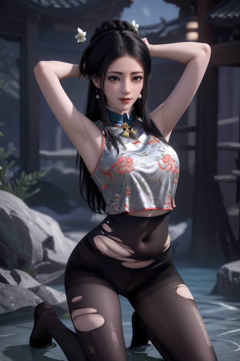 1girl,underwater,submerged,floating hair,air bubble,holding breath,see-through,masterpiece,best quality,highly detailed,fish,(wide hip:1.2),jellyfish,earrings,hair ornament,sea weed,coral reef,shark,sea turtle,sexy pose,kneeling,chinese dress,chinese clothes,big breasts,(looking at viewer:1.2),black pantyhose,arms up,torn pantyhose,