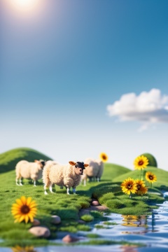CDCJ, 3D, product photography, still life, flower, outdoors, sky, day, cloud, water, blue sky, no humans, scenery, sun, sheep, cow