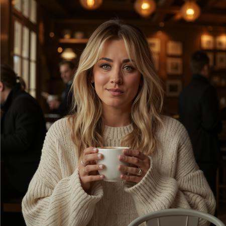Create a detailed,  close-up portrait of k4ycuoco with blonde hair sitting in a cozy,  dimly lit coffee shop. She is shown...