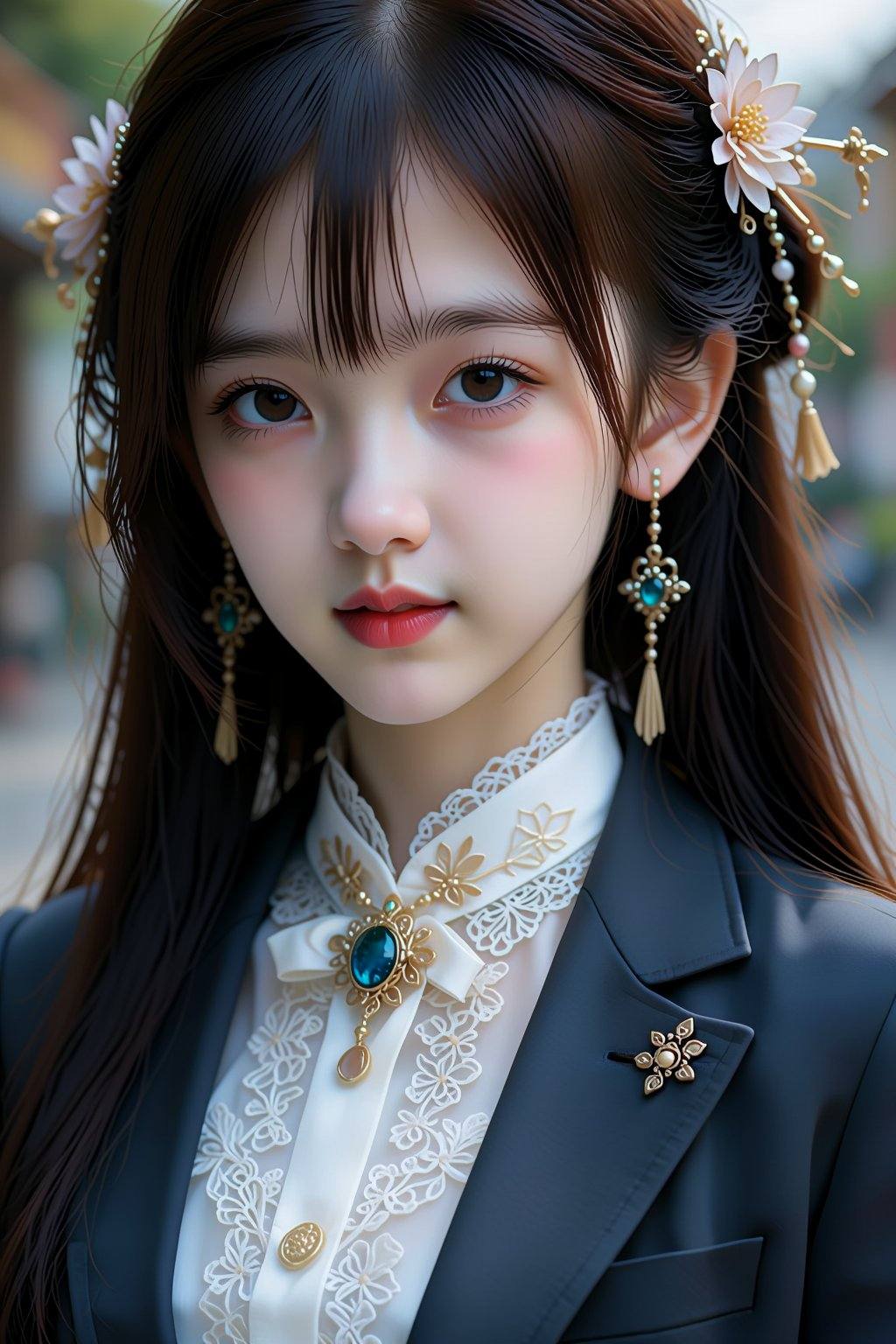 The image depicts a highly detailed digital artwork of an East Asian woman with long,  straight black hair adorned with a...