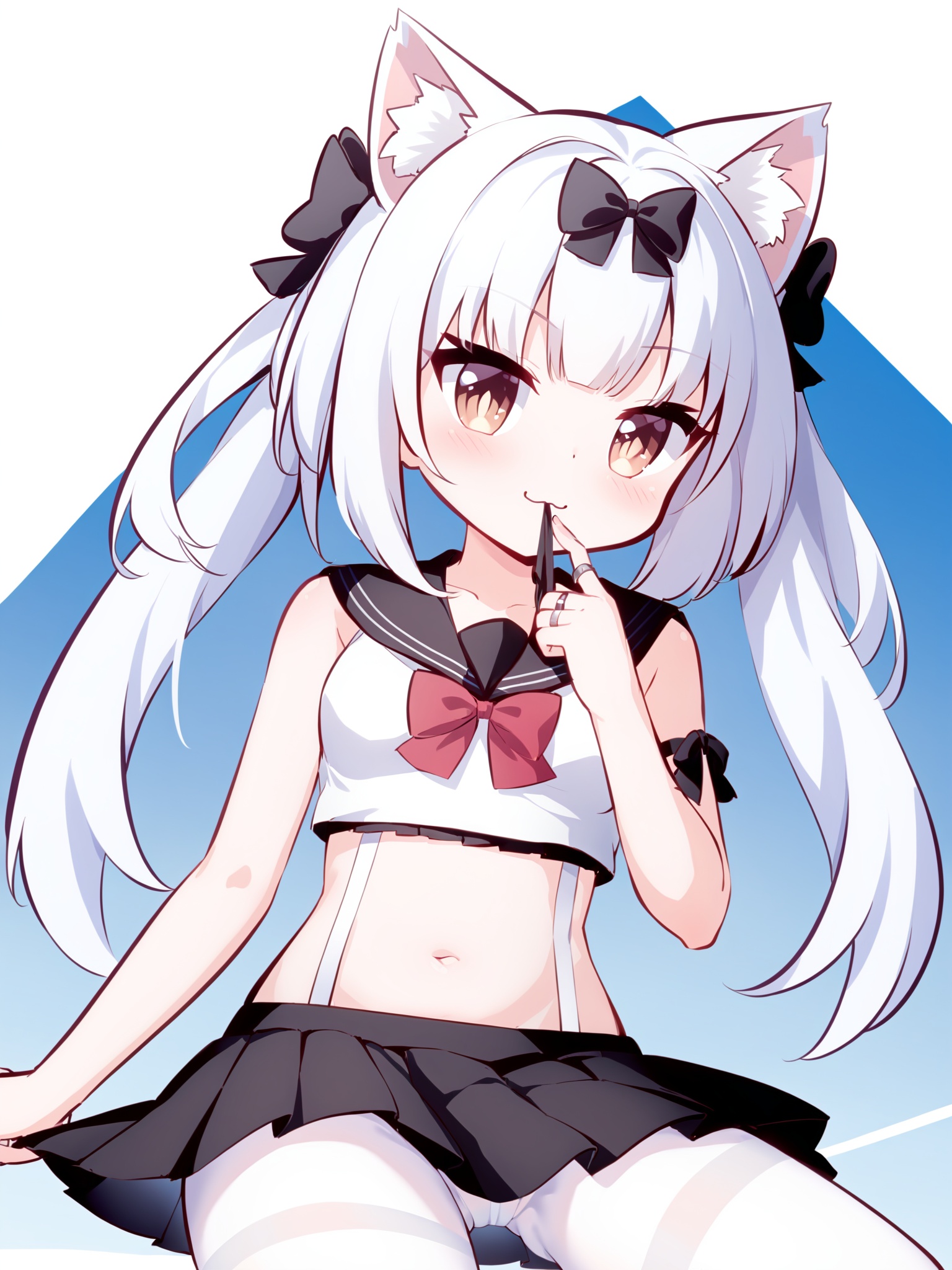 <lora:mk_dl_xl:1>,cat ears, black bow, white hair, 1girl, solo, long hair, looking at viewer, blush, bangs, skirt, simple background, shirt, white background, bow, navel, animal ears, bare shoulders, twintails, brown eyes, jewelry, very long hair, closed mouth, school uniform, tail, white shirt, hair bow, pantyhose, pleated skirt, small breasts, serafuku, sleeveless, midriff, black skirt, sailor collar, red bow, crop top, animal ear fluff, sleeveless shirt, :3, blue background, mouth hold, ring, white pantyhose, black sailor collar