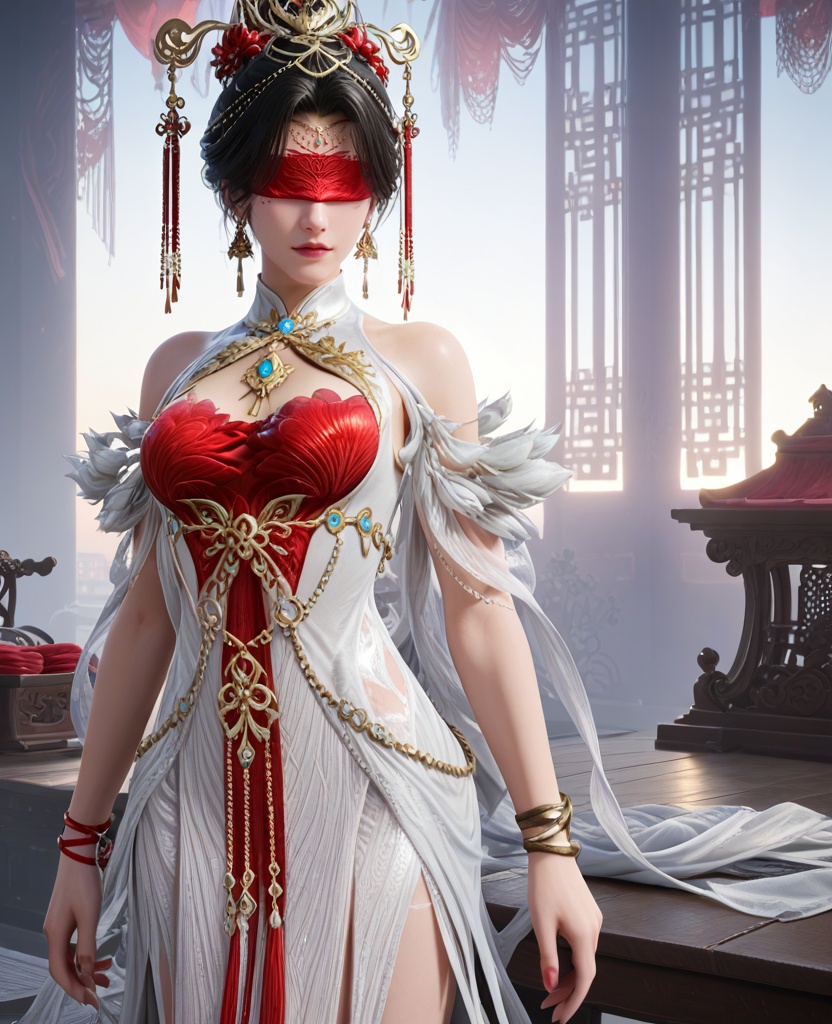 (oriental architecture, elegant decor, sophisticated style:1.1),(ironing:1.1),ashamed,(breasts:1.2),<lora:XL16永劫无间宁红叶赤皓新囍白:0.95>,miss ninghongye,white dress with red corset,blindfold,black hair,traditional chinese updo,hair ornament,earrings,jewelry,bare shoulders,, score_9,score_8_up,score_7_up,score_6_up,score_5_up,score_4_up,3d rendering,tag1,tag2, Cinematic Lighting,backlighting,