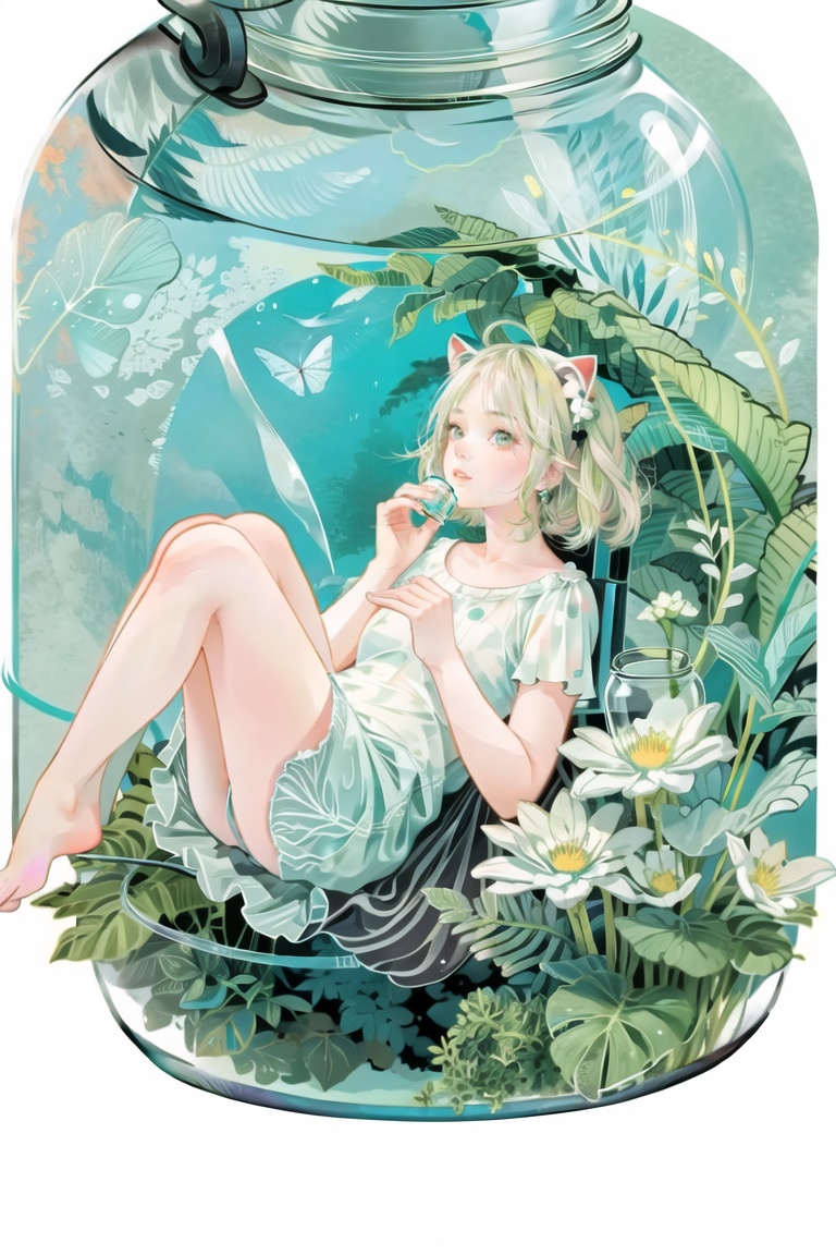 [(white background:1.45)::5],(transparent background:1.3),1girl,fake animal ears,clover theme,plant,ice,underwater,butterfly,(glass jar:1.15),(girl in jar:1.35),<lora:add_detail:0.5>,