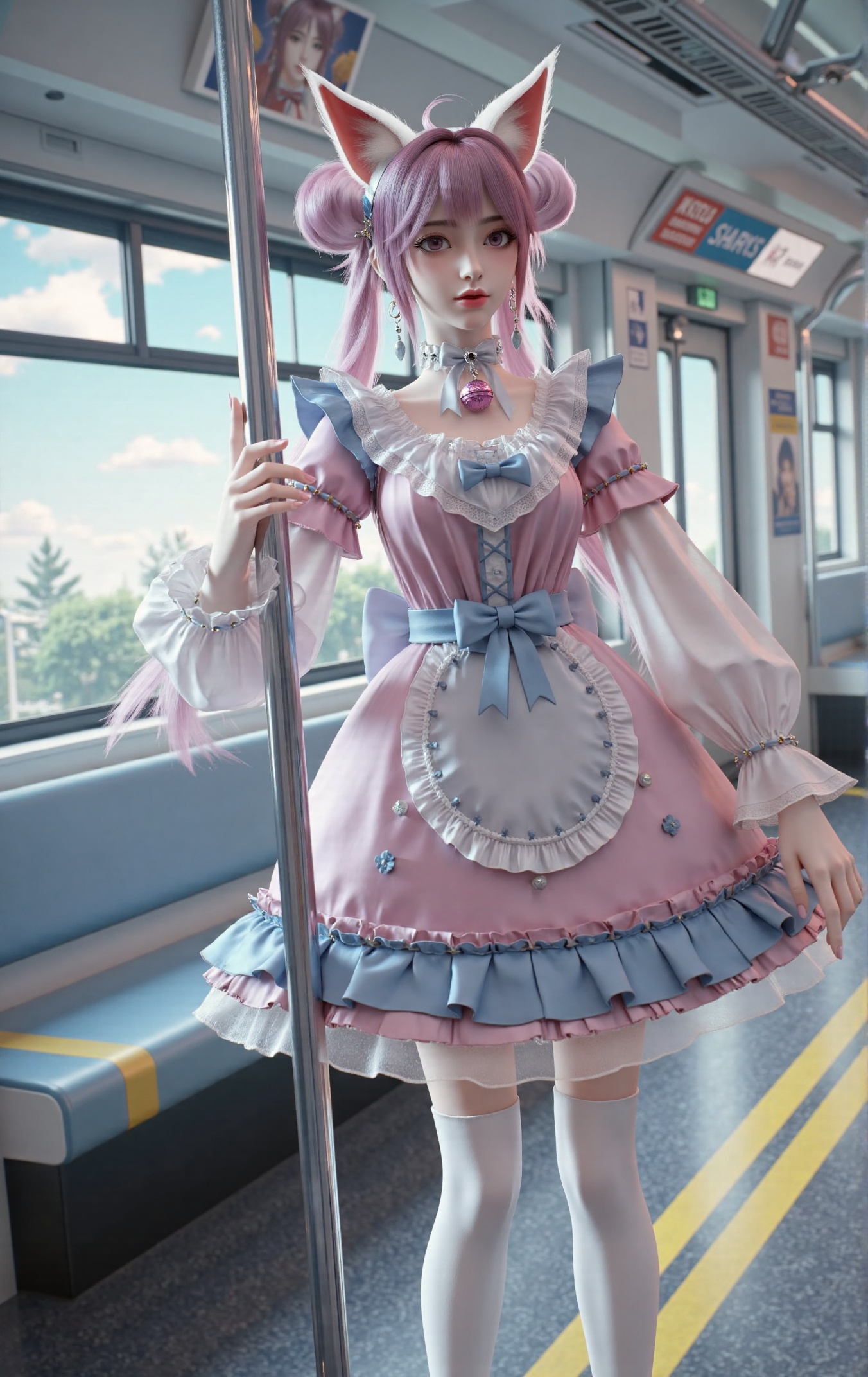 Xiaoli,a girl with long lavender or light purple hair styled in twin buns,sometimes with bangs framing her face. She has large expressive eyes,pale skin,and red lips. Cat ears are either part of her hairstyle or worn as a headband, she may also have a cat tail.,She stands in the middle of a subway car,captured from a low angle. Her body is slightly turned towards the viewer,and she holds onto a metal pole with her left hand. Her expression is calm and composed,with a gentle gaze that looks slightly off-camera.,She wears a frilly pink and blue maid outfit featuring:,- A frilly pink and white dress with blue accents,- White lace collar and cuffs,- Blue bow at the neck or chest,- Optional thigh-high stockings,- Pink choker with a dangling bell or heart pendant,- Large silver hoop earrings,- Silver choker with a pink gem,The subway car features soft pastel-colored seats (light blue and grey),yellow safety lines on the floor,and advertisements on the walls — one includes a blue background with red text. The windows show a glimpse of a fantasy world outside: a clear sky with floating clouds and dreamlike trees.,There are clean metal poles and handles throughout the car. Soft natural light filters through the windows,creating a calm and slightly surreal atmosphere.,Masterpiece,best quality,beautiful art,fantasy realism,CGI image,ultra detailed,clean and vivid atmosphere,full-body shot,panoramic view,looking slightly off-camera,silhouette color style.,