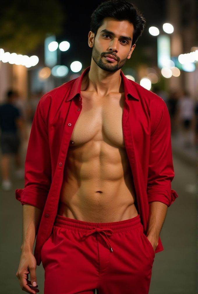 Rohit Khandelwal ,  realistic photo in a worn ((skin-revealing skimpy erotic red tracksuit,  massive pecs)) on Tensor.Art
