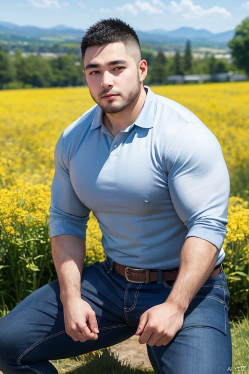 Best quality,masterpiece,ultra high res,male focus,pants,boy black short hair,(Plump man:0.5),detailed background,game_cg,bara stocky,male fucus,mature male,thick thighs,muscular male,(fade haircut),Boy,Male focus,solo,sitting,reality,belt,looking towards the camera,outdoors,rapeseed flowers,pants,casual pants,shirt,clothes,in a meadow,bust,medium_shot<lora:EMS-342200-EMS:0.800000>