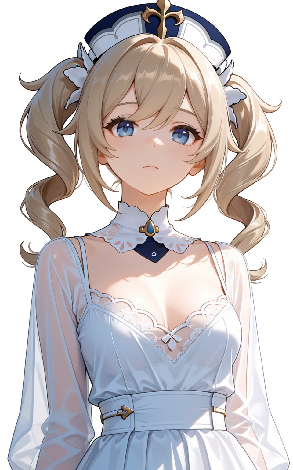 depth of field,masterpiece,best quality,very aesthetic,alternate costume,alternate costume,2024,2023,perfect composition,ultra-detailed,extreme aesthetic,masterpiece,best quality,good quality,newest,year 2024,year 2023,very aesthetic,absurdres,looking_at_viewer,colorful,white_background,simple background,upper_body,see-through,dress,<lora:芭芭拉·衣服百搭款ILL:0.8>,barbara \(genshin impact\),blonde hair,blue eyes,long hair,drill hair,twin drills,twintails,hat,