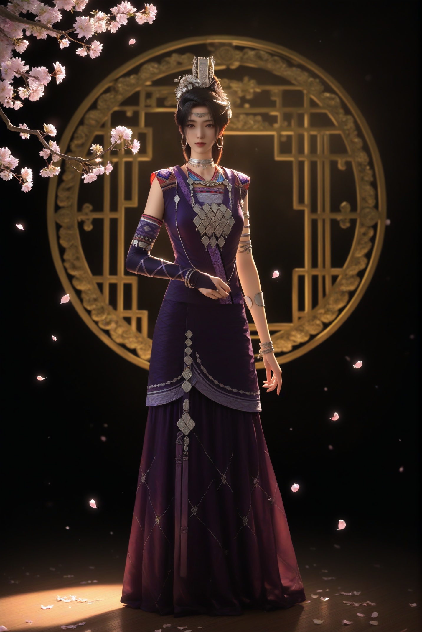 <lora:紫萱-ill:0.85>,1girl,solo,long hair,black hair,hair ornament,jewelry,hoop earrings,circle,hair flower,tiara,zixuan,choker,silver choker,necklace,purple dress,elbow gloves,armlet,bracelet,single elbow gloves,collarbone,looking at viewer,(front view),full body,standing,twig,branch,falling petals,simple background,black background,rim light,Volumetric Lighting,lens flare,Tyndall effect,depth of field,bokeh,sparkle,masterpiece,best quality,absurdres,highres,realistic,