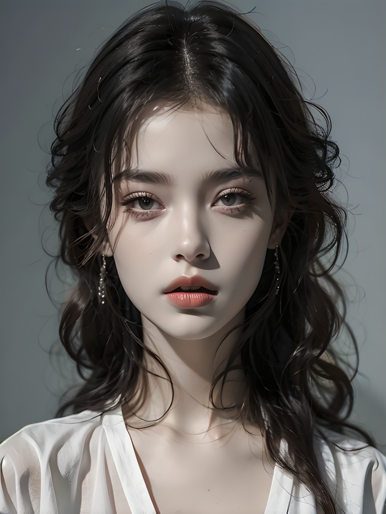 1girl,solo,monochrome,greyscale,looking at viewer,realistic,parted lips,lips,white shirt,long hair,close-up,exquisite makeup,upper body,masterpiece,best quality,8k,insane details,intricate details,high detail,((masterpiece)),((best quality)),