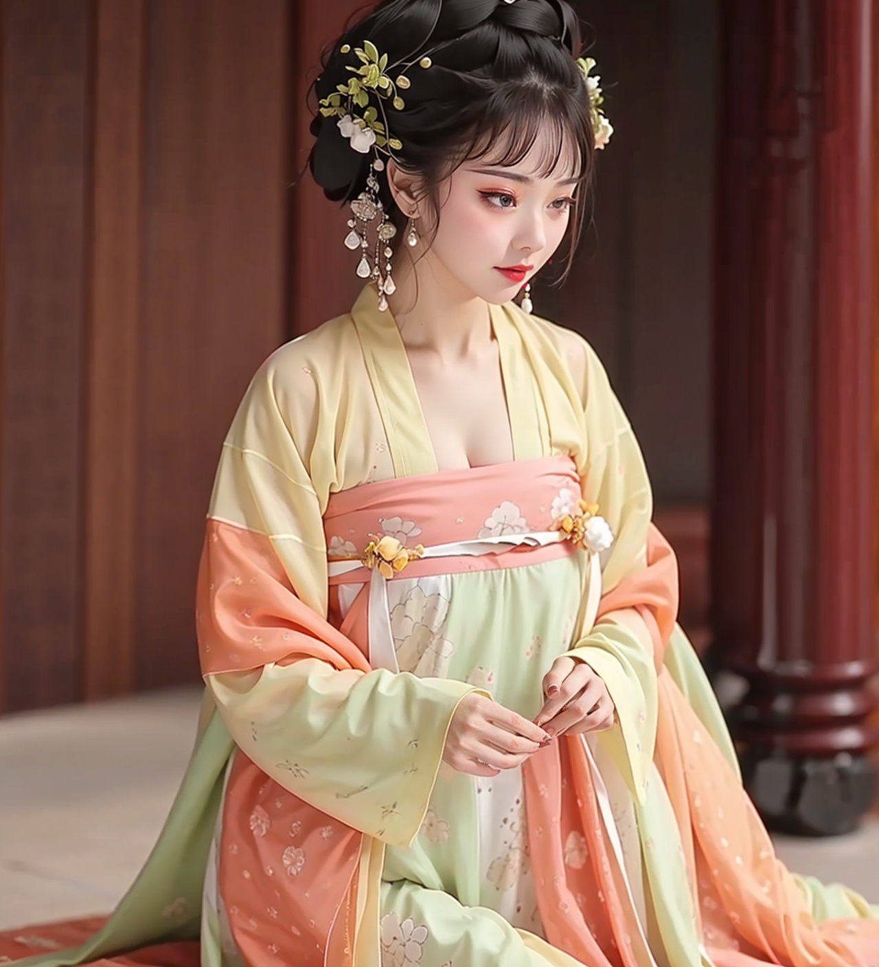 1girl,jewelry,red_lips_,lipstick,eye makeup,black hair,diamond drop earrings,plump breasts,(solo:1.5),<lora:眼妆金色1.1:0.5>,hanfu,chest,cleavage,<lora:汉服齐胸汉服1.1:0.8>,