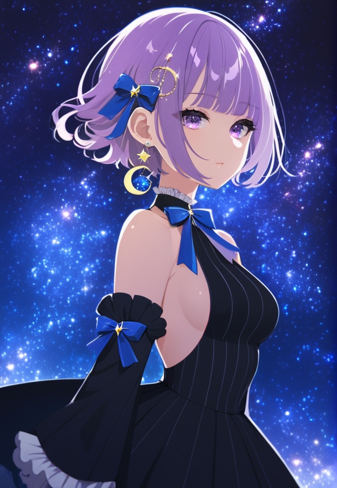 (best quality), ((masterpiece)), (highres), illustration, original, extremely detailed,  <lora:好き物语:0.7>1girl, solo, dress, black dress, detached sleeves, breasts, purple eyes, star \(sky\), sideboob, short hair, jewelry, sky, earrings, starry sky, bangs, black sleeves, ribbon, looking at viewer, virtual youtuber, frills, blue ribbon, crescent earrings, crescent, night, purple hair, frilled sleeves, closed mouth, bow, bare shoulders, neck ribbon, long sleeves