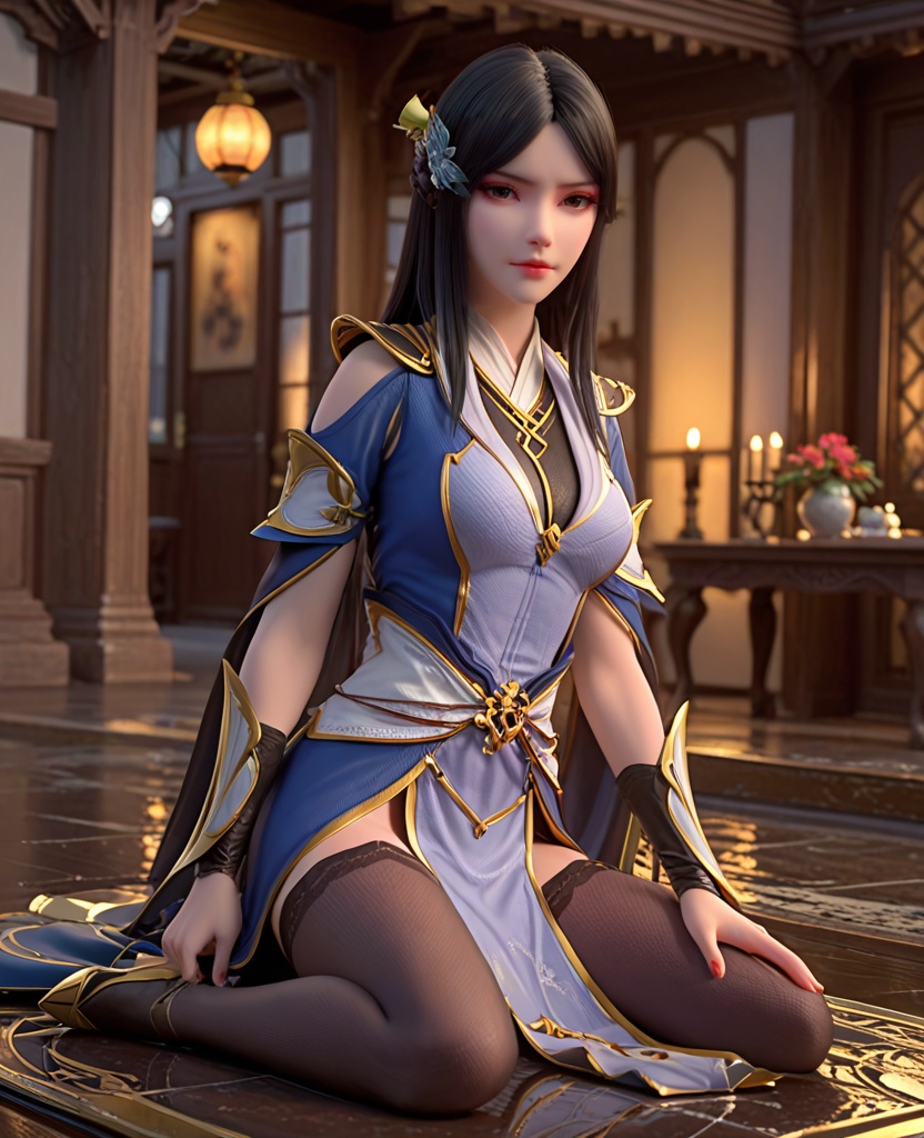 (oriental architecture, elegant decor, sophisticated style:1.1),(kneeling:1.1),looking at viewer,(breasts:1.2),<lora:XL斗破苍穹柳菲:0.95>,miss liufei,blue dress,black hair,long hair,hair ornament,hanging hair,parted bangs,brown eyes,makeup,leather sash,lips,wrist cuffs,pelvic curtain,black thighhighs,, score_9,score_8_up,score_7_up,score_6_up,score_5_up,score_4_up,3d rendering,tag1,tag2, Cinematic Lighting,backlighting,, zPDXL3, zPDXL2,zPDXL, zPDXLxxx, zPDXLrl,