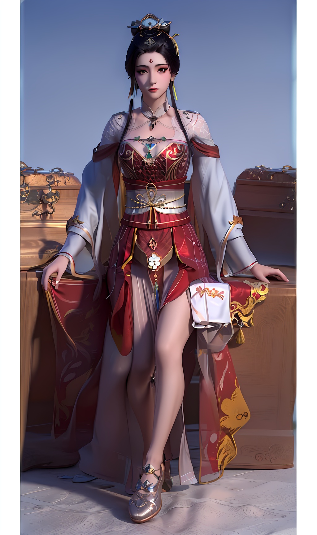 3D,masterpiece,(best quality),(makeup),official art, extremely detailed cg 8k wallpaper,((crystalstexture skin)), (extremely delicate and beautiful),(highly detailed),(face),(tiara),(tassel),(forehead_mark),(1girl), (solo), (jewelry), (earrings),(black_hair),(long_hair),(hair_ornament),(handwear),(breast),(sitting),((full_body,whole_body)),(dress),(long_skirt),(chinese_clothes),(multicolored_clothes),(multicolored_dress),,(shiny_clothes),(sash),(gown),(closed_mouth),(city,outdoor),,((looking_at_viewer)),((Facing the camera)),((shose), (cloth_shoes),(flat_shoes),, <lora:hipoly3DModelLora_v10:0.3>