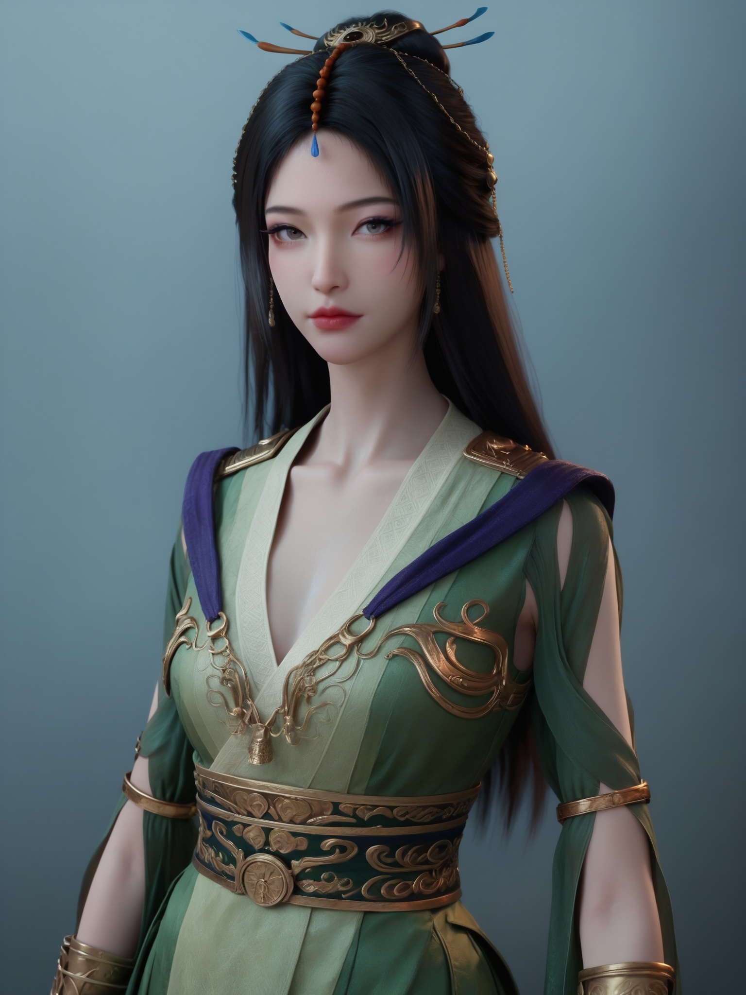 <lora:凡人修仙传-柳玉Pony:0.8>,1girl,long,straight,black hair,golden hairpin,flowing,green silk robe,with golden details,V-shaped neckline,gold-trimmed sleeves,high slit,wide belt,large,circular gold buckle cinches,Close-up details,realistic style photo outstanding style,Use soft lighting to cast gentle shadows on the subject,adding a touch of dimension to your images without compromising details,score_9,score_8_up,score_7_up,looking at viewer,
