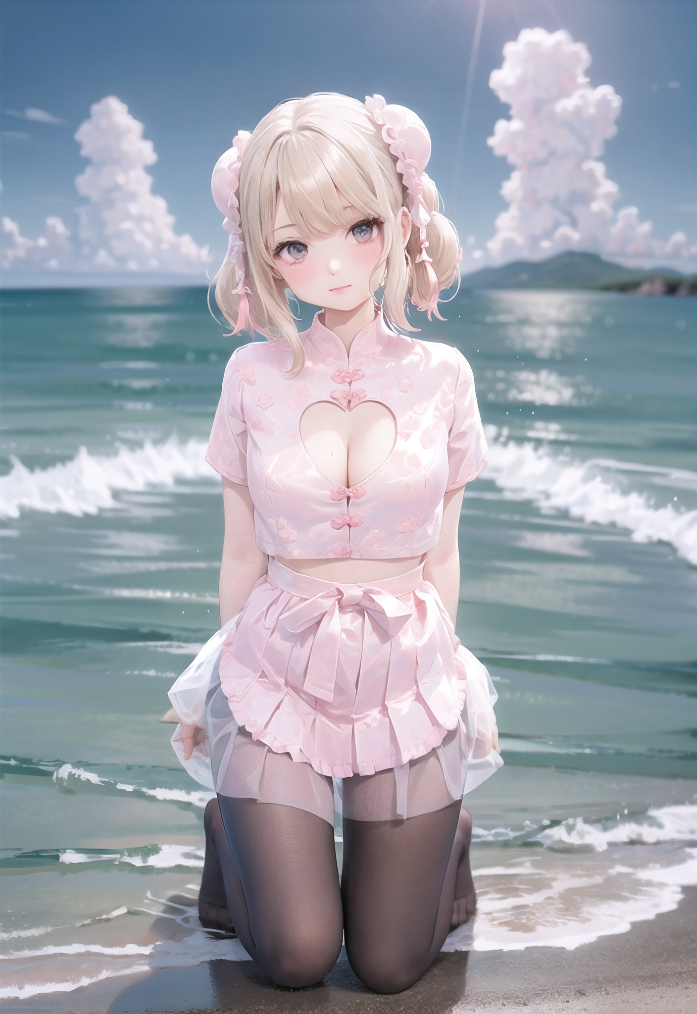 zh,1girl,solo,breasts,looking at viewer,bangs,skirt,blonde hair,simple background,shirt,hair ornament,cleavage,closed mouth,full body,Transparent background,white shirt,short sleeves,pantyhose,pleated skirt,medium hair,hair bun,clothing cutout,kneeling,double bun,cleavage cutout,white skirt,black background,pink skirt,bun cover,heart cutout,(over the sea,ocean:1.2),(blue sky,clouds),barefoot,,<lora:zh:0.7>