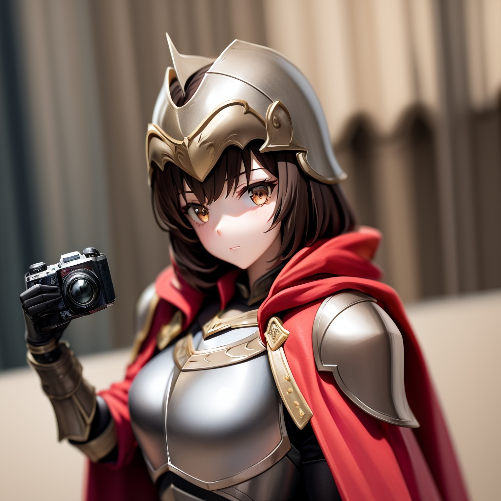 1girl, armor, solo, breastplate, brown hair, upper body, holding, looking at viewer, shoulder armor, cape, camera, pauldrons, blurry, red cape, helmet, blurry background, brown eyes, knight, closed mouth