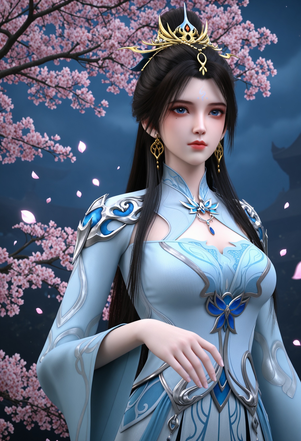 (cowboy shot:1.2),(looking at viewer:1.1),masterpiece,(best quality),smog,Dark room,dim lighting,peach blossom,falling petals,<lora:YQ_Illustrious光辉v5_姬凝霜_服装2_V1:0.8>,q1528437228,1girl,solo,long hair,hair ornament,black hair,jewelry,earrings,dress,blue eyes,forehead mark,hair bun,white dress,chinese clothes,long sleeves,blue dress,brown hair,single hair bun,necklace,wide sleeves,mole,collar,mole under eye,boots,