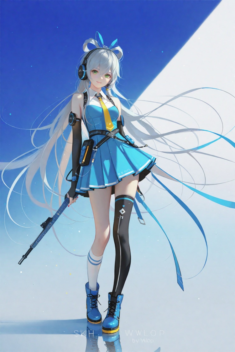 masterpiece,best quality,high quality,(colorful),[Artist sk (askzy)],[Artist wlop],Artist SHC, 1girl,Luo Tianyi (Vocaloid), solo, green eyes, asymmetrical legwear, long hair, single kneehigh, single sock, smile, hair rings, thighhighs, necktie, skirt, uneven legwear, single thighhigh, very long hair, looking at viewer, boots, socks, nail polish, full body, gloves, grey hair, mismatched legwear, bare shoulders, elbow gloves, pleated skirt, detached sleeves, kneehighs, breasts, headphones, sleeveless, standing, blue skirt, sidelocks, asymmetrical footwear, hair between eyes, blue footwear