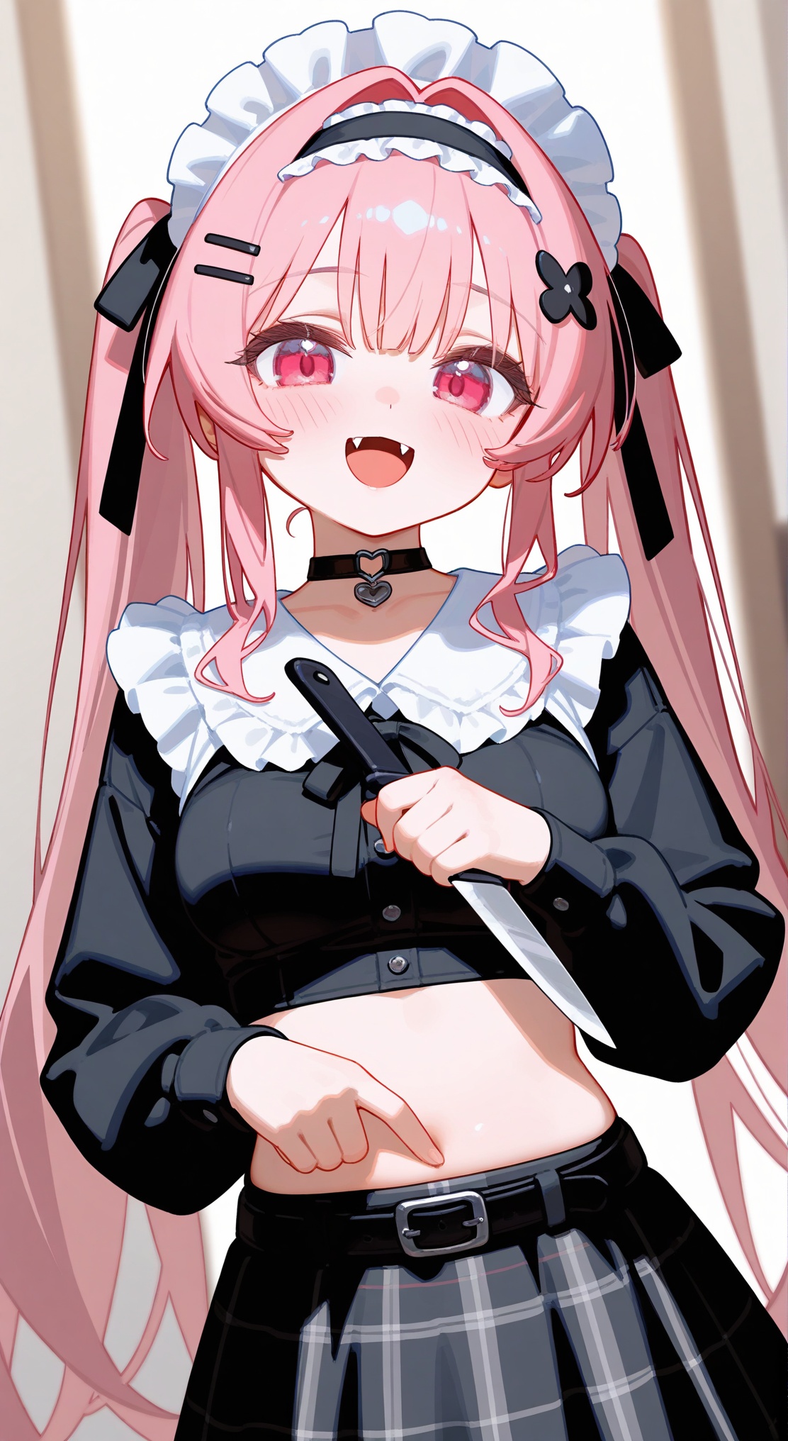 1girl,solo,pink hair,skirt,knife,holding,twintails,long hair,looking at viewer,heart,smile,hair ornament,shirt,hairclip,long sleeves,black shirt,holding knife,frills,hair intakes,pink eyes,open mouth,bangs,hairband,black skirt,choker,crop top,blush,:d,belt,ribbon,hair ribbon,black choker,midriff,fangs,collar,frilled shirt,maid headdress,breasts,black ribbon,very long hair,plaid,frilled hairband,blurry,dutch angle,black belt,red eyes,, [artist:ningen_mame],artist:ciloranko,[artist:sho_(sho_lwlw)],[[tianliang duohe fangdongye]],[[artist:rhasta]],best quality,amazing quality,very aesthetic,absurdres,masterpiece,