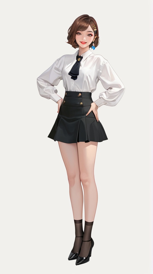 (best quality), ((masterpiece)), (highres), illustration, original, extremely detailed,<lora:韩の时尚衣橱:0.7>1girl, hands on hips, solo, skirt, white background, short hair, simple background, full body, black skirt, black footwear, smile, high heels, looking at viewer, brown hair, standing, socks, hair ornament, shirt, long sleeves, black ascot, white shirt, earrings, red lips, jewelry, hairclip, makeup