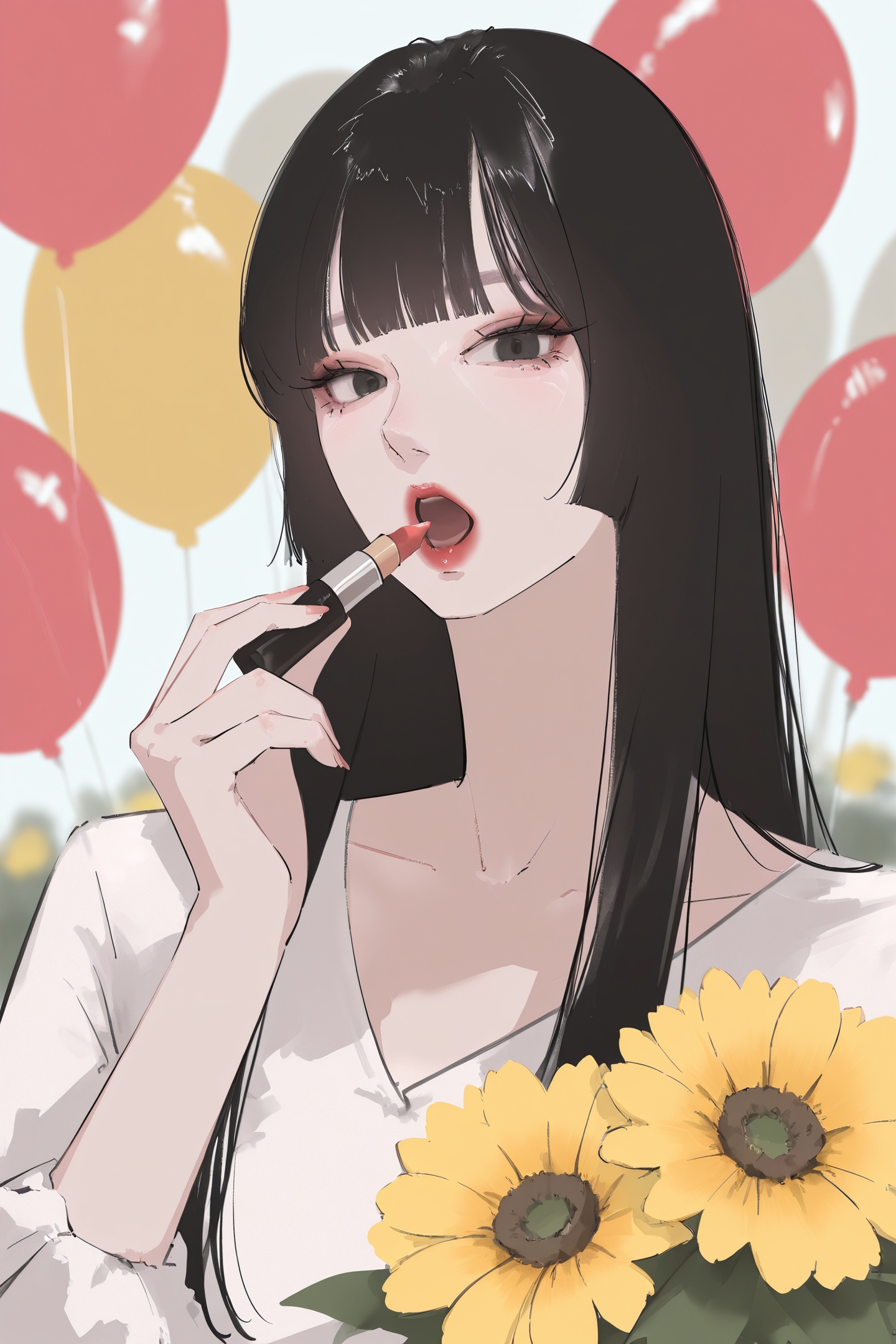 Chikitama Style,1girl,black hair,solo,long hair,red lips,makeup,looking at viewer,balloon,flower,blurry background,blurry,lipstick,blunt bangs,black eyes,holding,applying makeup,yellow flower,lipstick tube,cosmetics,hand up,open mouth,sketch,<lora:Chikitama_illustriousXL:1>,