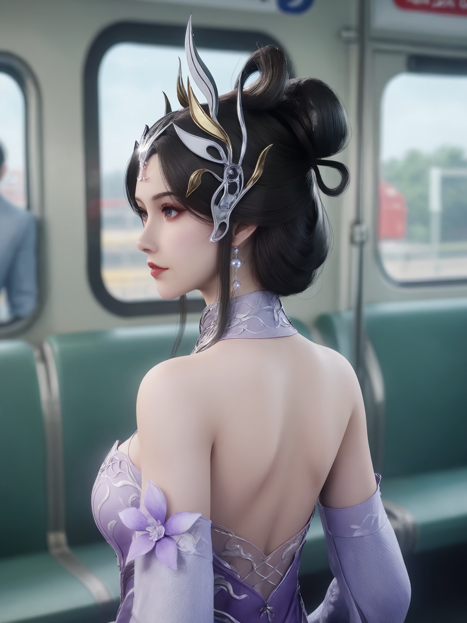solo,1girl,fsolo focus,(perfect_anatomy:1.1),(upper_body:1.2),(portrait:1.1),sitting,(train_interior:1.1),(blurry_background:1.2),score_9,<lora:36b5e2:0.7>,dark hair,elaborate updo,silver headpieces,a lavender and white,with intricate,flowing patterns gown,high collar and long sleeves,bare shoulders,